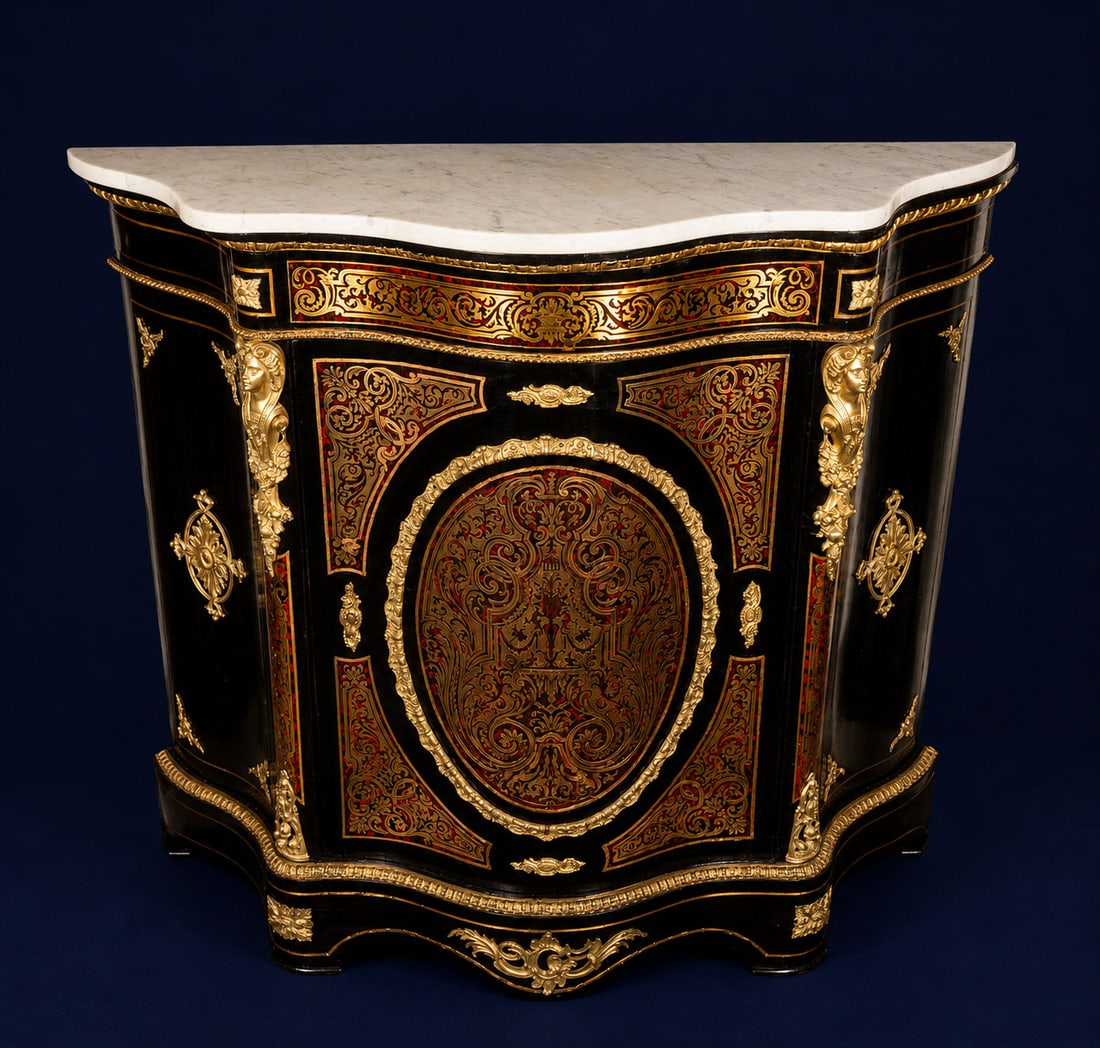 Beautiful Boulle entredeux in brass and French tortoiseshell Napoleon III: Measurements: 107 cm x 123 cm x 40 cm.