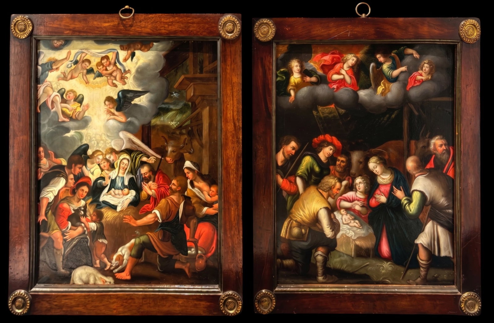 Pair of scenes of the Nativity and Adoration of the Shepherds, Flemish/Italian School, 17th/18th: Oil on copper. Dimensions: 35 cm x 27 cm; 42 cm x 34 cm. A pair of religious compositions dedicated to the Nativity and the Adoration of the Shepherds, articulated through a complex scenography of dev