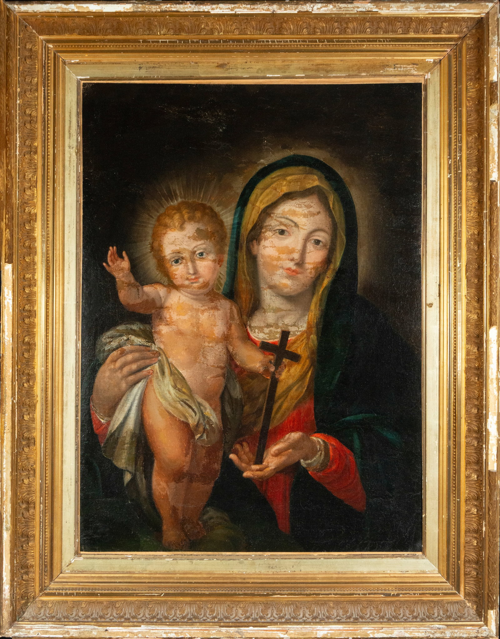 Virgin and Child, Spanish School, 17th Century: Oil on canvas. The composition depicts the Virgin Mary holding the Christ Child in a frontal pose, close to the viewer, emphasizing the maternal bond through a delicate exchange of gestures and glance