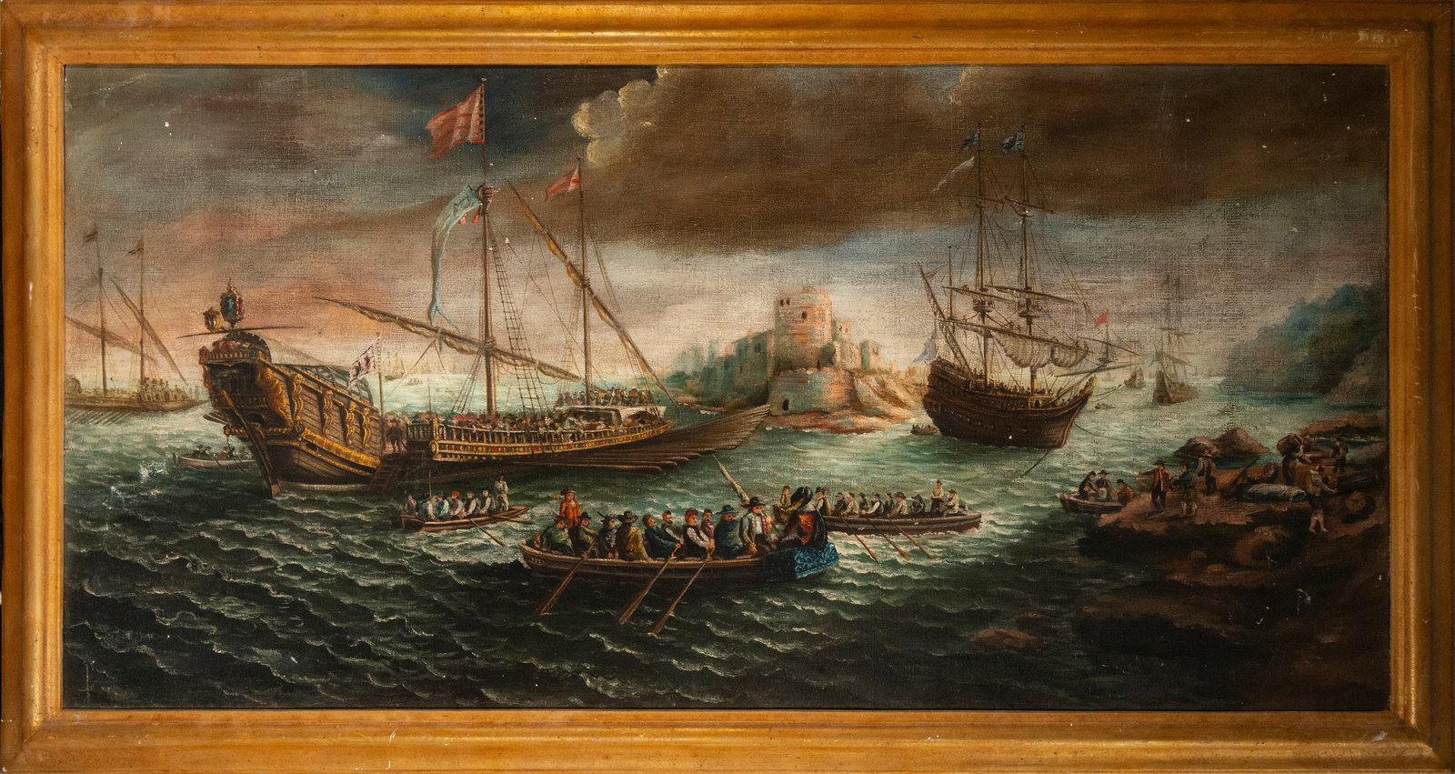 Seascape with boats and figures, Venetian School of the 17th century: Measurements: 130 cm x 65 cm; 142cm x 75cm. Oil on canvas.