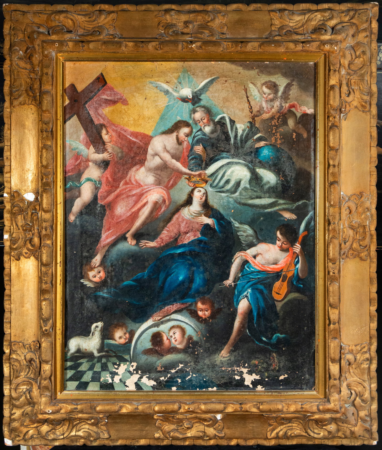 Coronation of the Virgin, Colonial School, 17th Century: Oil on canvas. A celestial scene of complex religious iconography in which Christ and God the Father crown the Virgin Mary under the presence of the dove of the Holy Spirit, forming a Trinitarian repr