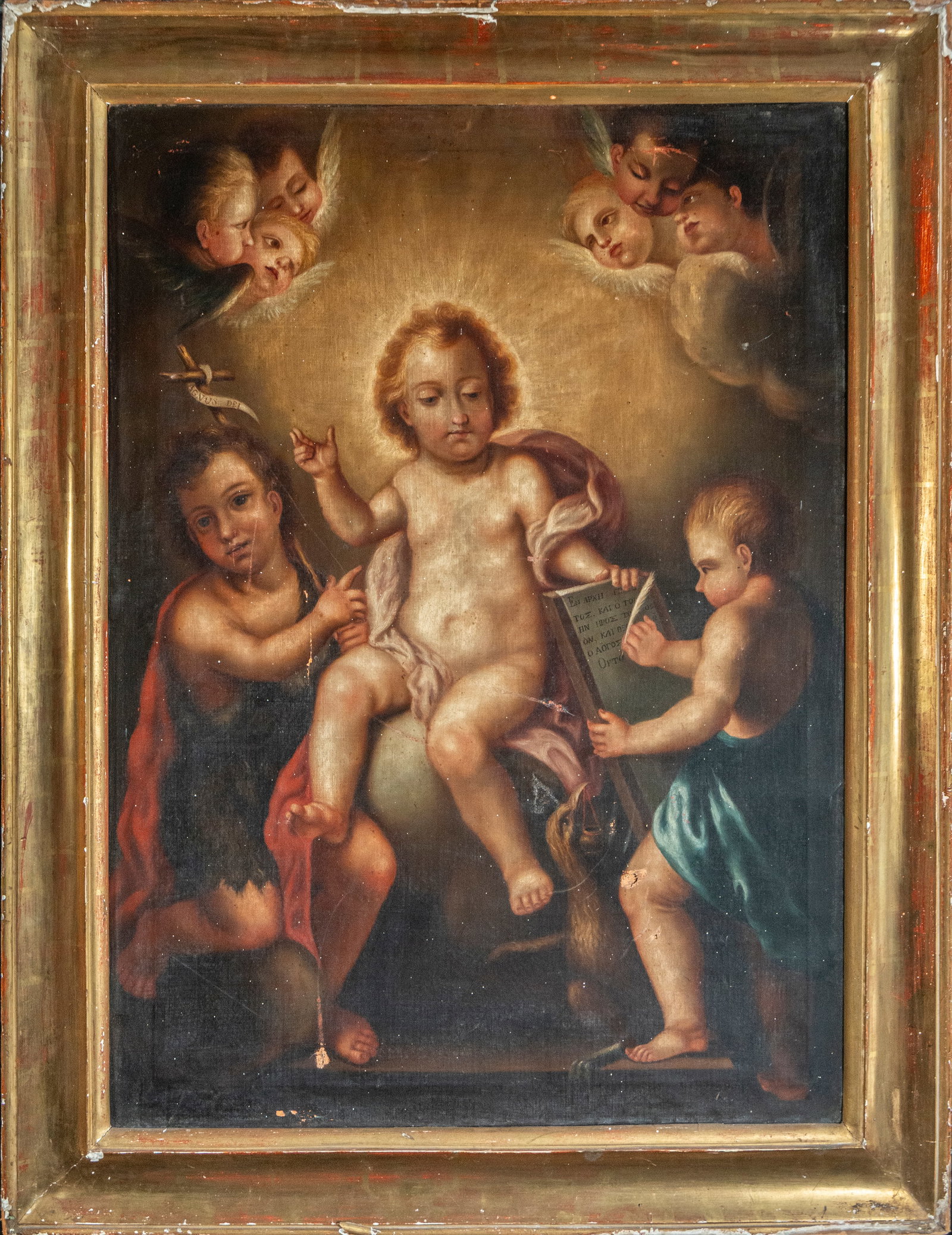 Attributed to José de Vergara, Valencian School, 18th Century: Oil on canvas. A devotional composition of delicate Rococo sensibility depicting the Christ Child enthroned upon the celestial orb, blessing with his right hand while holding the triumphant banner of 
