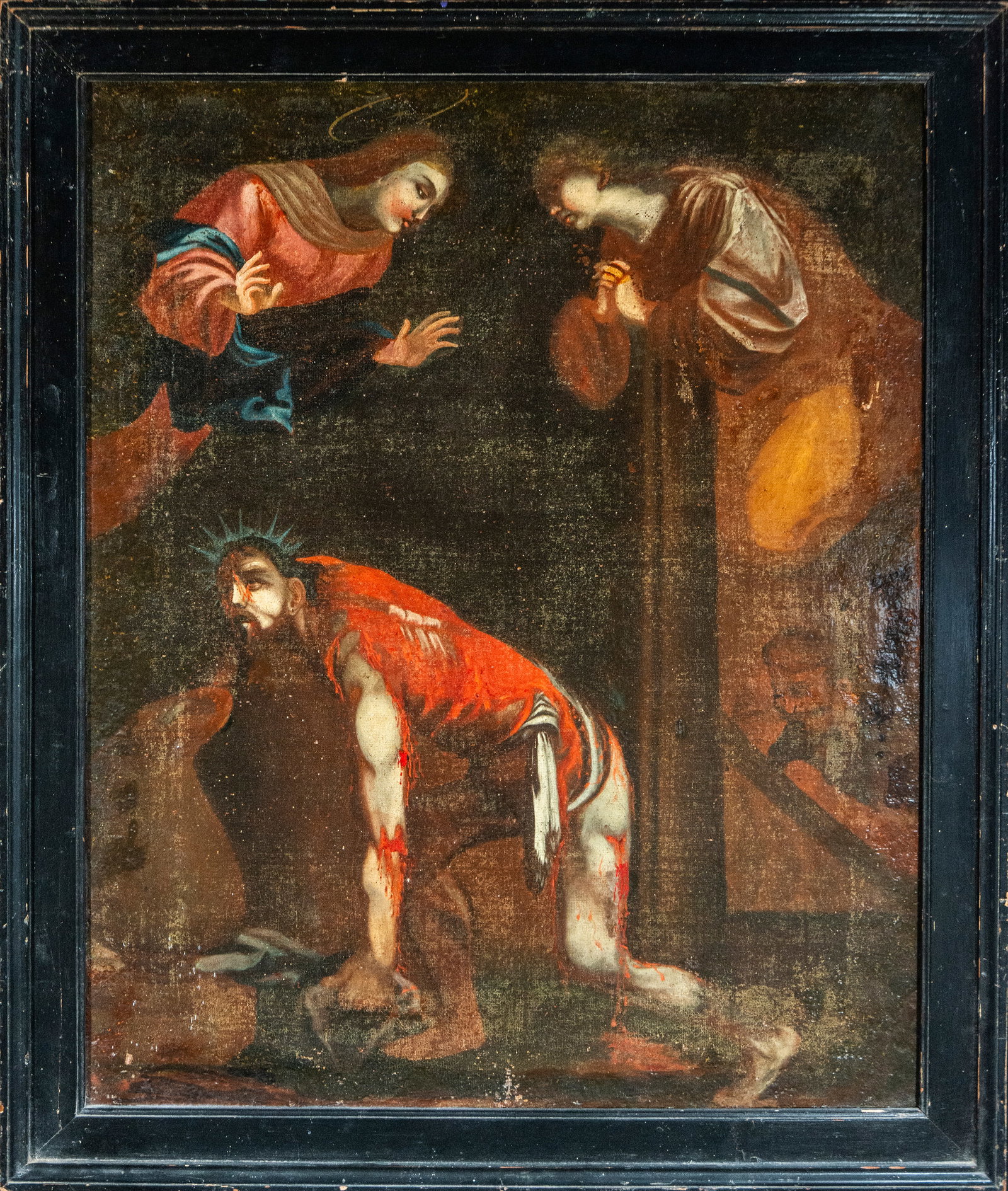 Christ of the Torn Garments, Majorcan School, 17th Century: Oil on canvas. A dramatic depiction of Christ during the episode of the tearing of his garments, kneeling beside the cross while his lacerated body is bathed in intense, blood-red accents that stand o