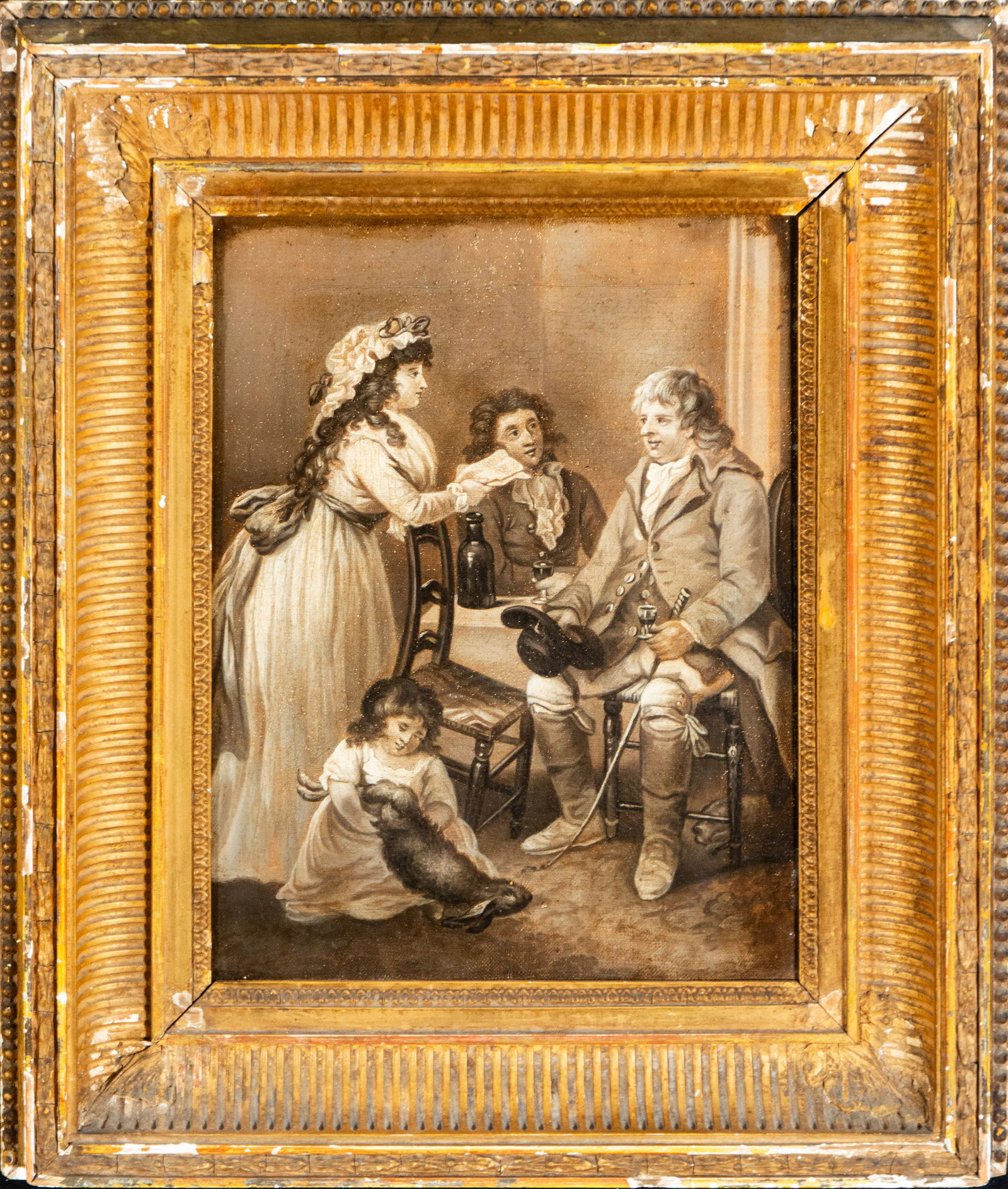 Family scene indoors, French School, grisaille, 18th century: Oil on panel in grisaille. A genre scene in a domestic setting where several elegantly dressed figures gather around a table in a bourgeois interior of refined 18th-century taste. A lady in a long, li