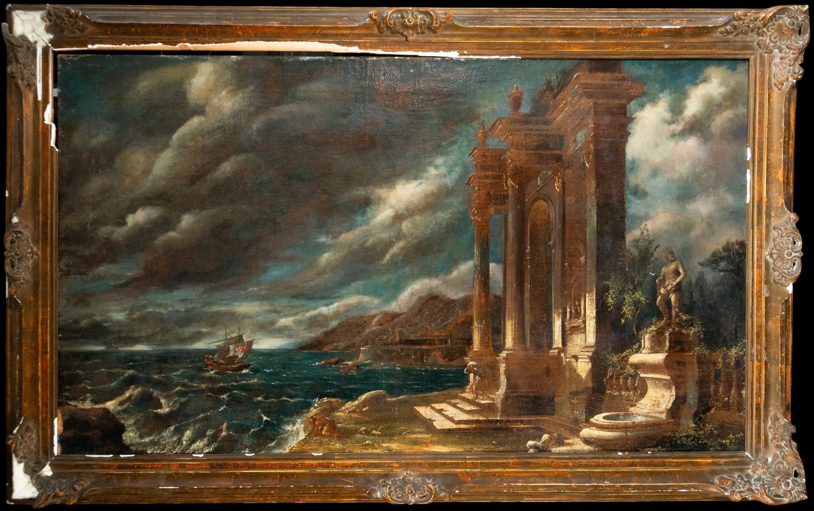 Seascape with Capriccio and Tempest Architecture, Italian School, 19th Century: Oil on canvas. A sweeping, romantic landscape composition depicts a coastline churned by waves beneath a stormy sky dominated by dense, atmospherically charged clouds. In the foreground rises a monume