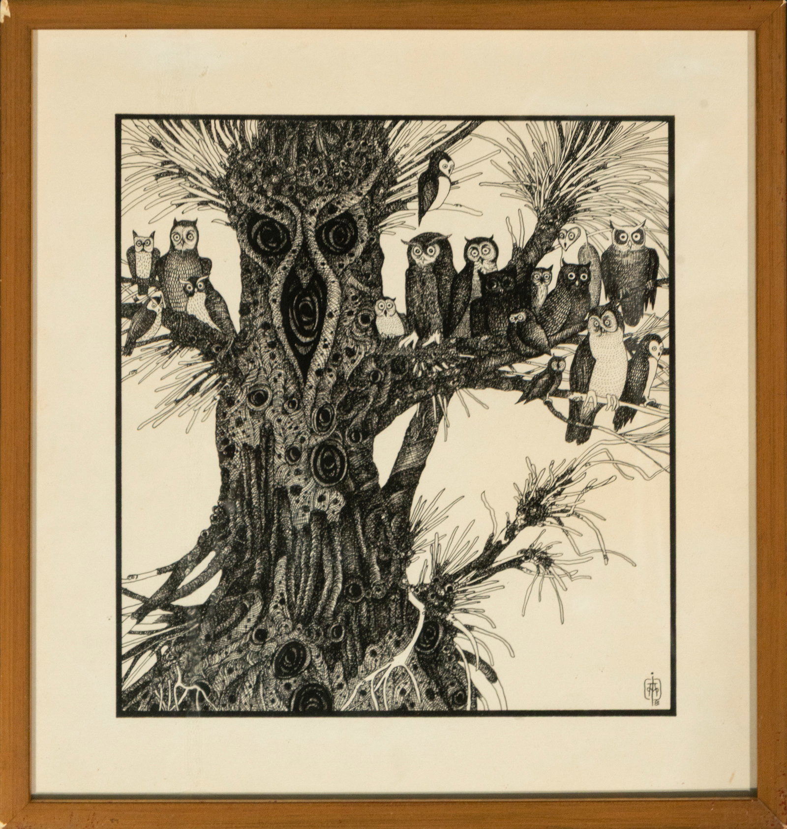 Engraving “Nature with Owls??, Contemporary School, 20th Century: Print on paper. Dimensions: 26 x 21 cm; 35 x 31 cm. A fantastical scene featuring a large anthropomorphic tree covered in organic shapes and circular cavities, upon whose branches a large colony of ow
