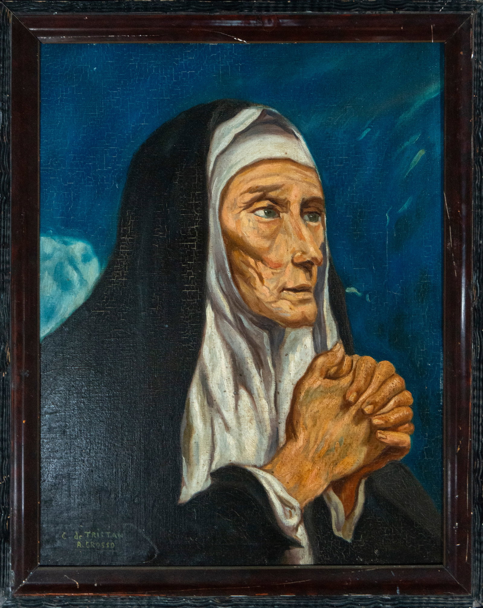 Oil on canvas “Saint Teresa??, Signed Alfonso Grosso, Spanish School, 20th Century: Oil on canvas. Dimensions: 50 x 40 cm; 57 x 47 cm. A devotional portrait of Saint Teresa presented through an intense half-bust composition in which the saint appears contemplative and withdrawn, her 