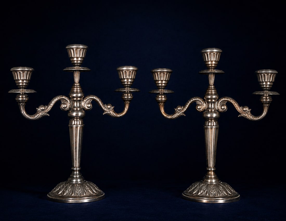 Pair of three-armed candelabras in silver-plated metal, European School, 19th Century (1 of 2)
