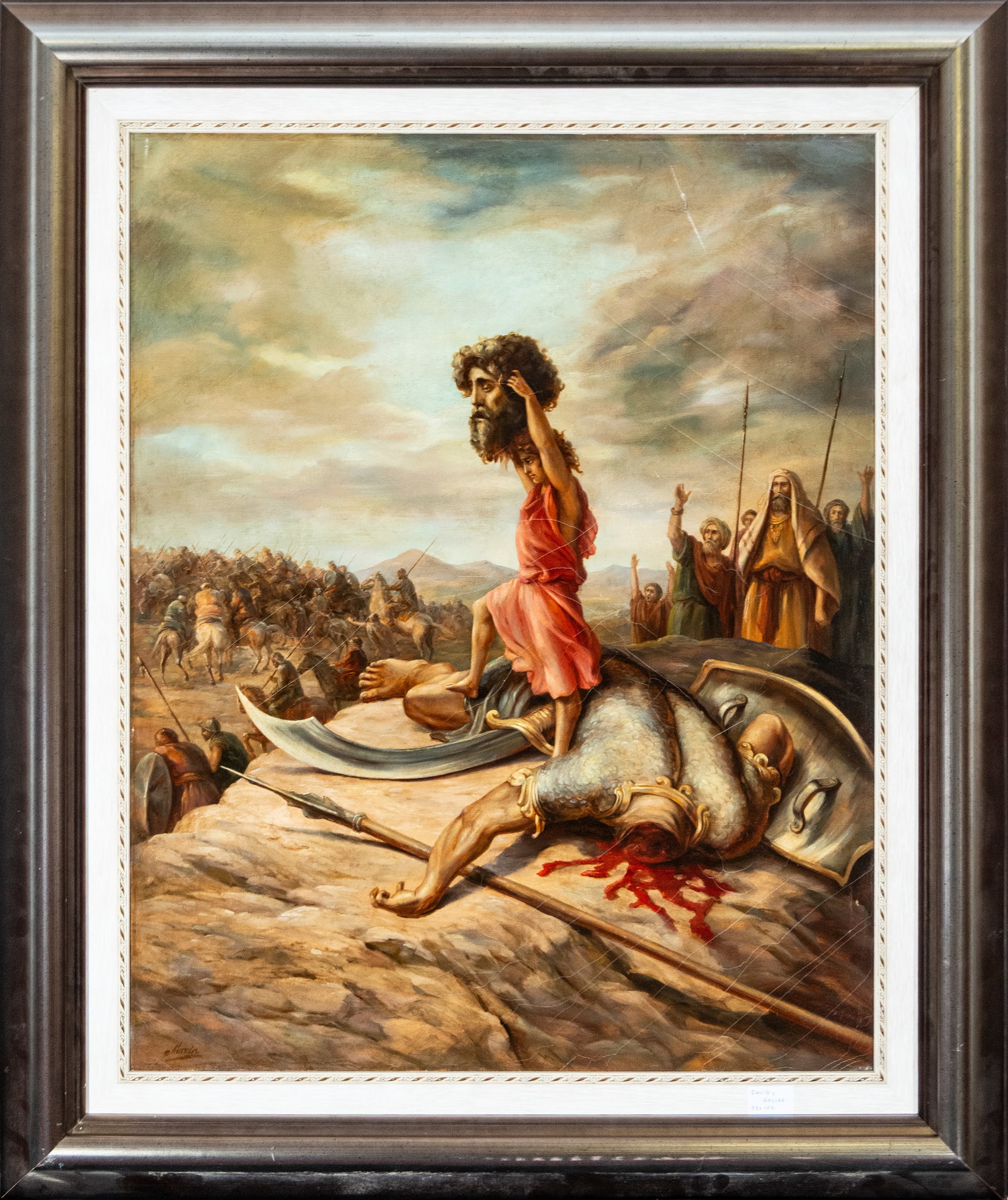 David cutting off Goliath's head, European School, 19th-20th century: Oil on canvas. Dimensions: 82 x 65 cm; 105 x 89 cm. Biblical scene depicting David raising Goliath's head above the giant's vanquished body, surrounded by weapons, a shield, a spear, and a battle scen