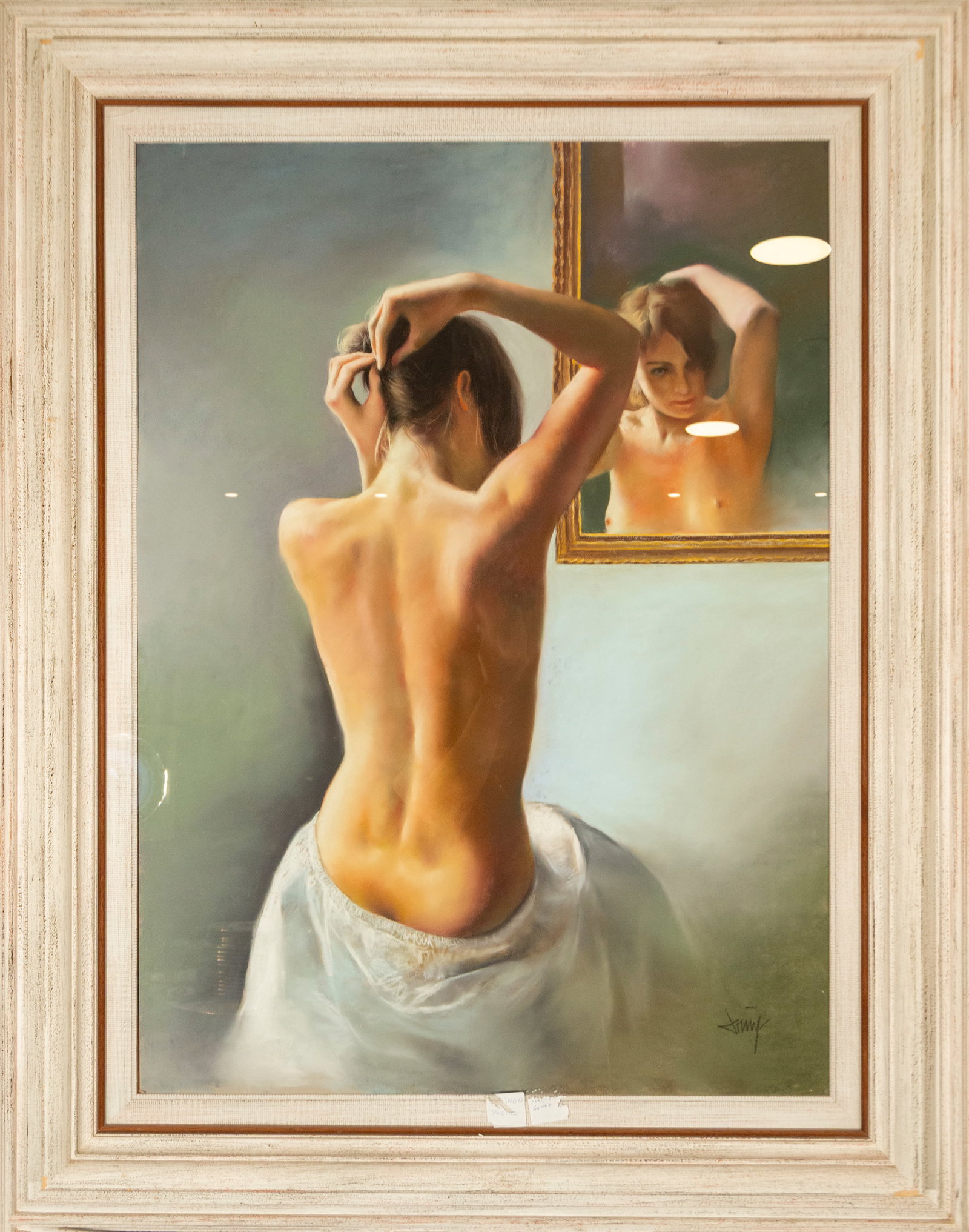 Female Nude, Signed Domingo ?lvarez Gómez, Spanish School, 20th Century: Pastel on paper. Dimensions: 98 x 81 cm; 127 x 102 cm. Female nude, seen from behind, before a mirror, signed by Domingo ?lvarez Gómez. The figure is seated in an intimate pose, gathering her hair an