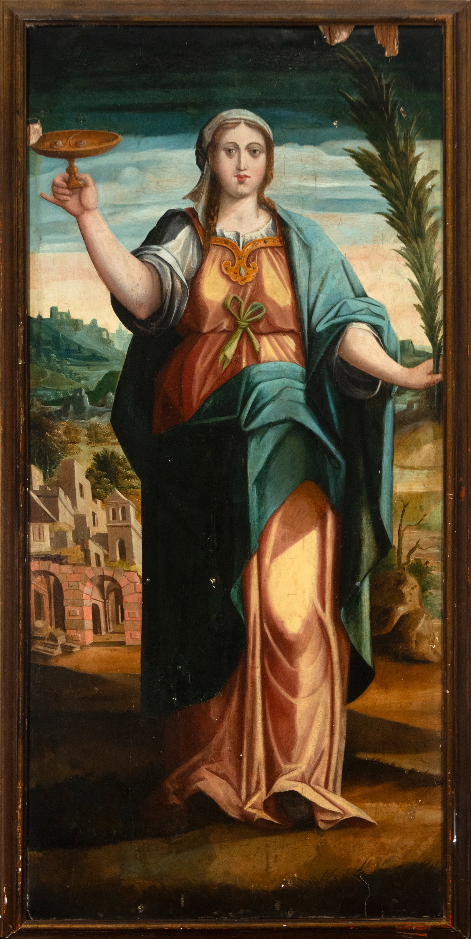 Saint Lucy on Renaissance panel, Italian School, 16th Century: Oil on panel. Measurements: 129 x 61 cm; 137 x 68 cm.
