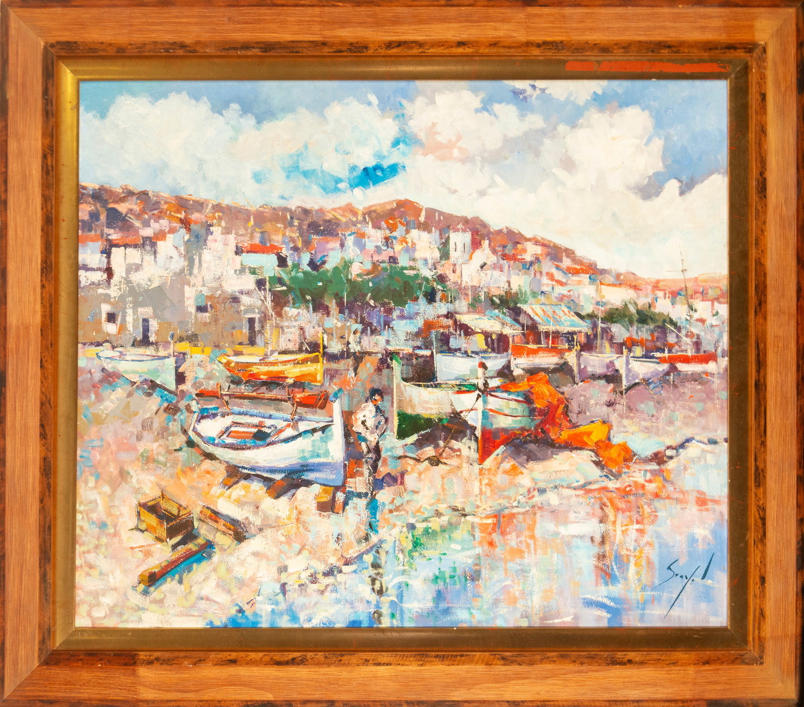 Boats in Port de la Selva. Signed Savol, Spanish School, 20th Century: Oil on canvas. Dimensions: 77 x 64 cm; 91 x 78 cm. A maritime view of Port de la Selva with beached boats and reflections on the water, executed with vibrant, fragmented brushstrokes and a strong emph