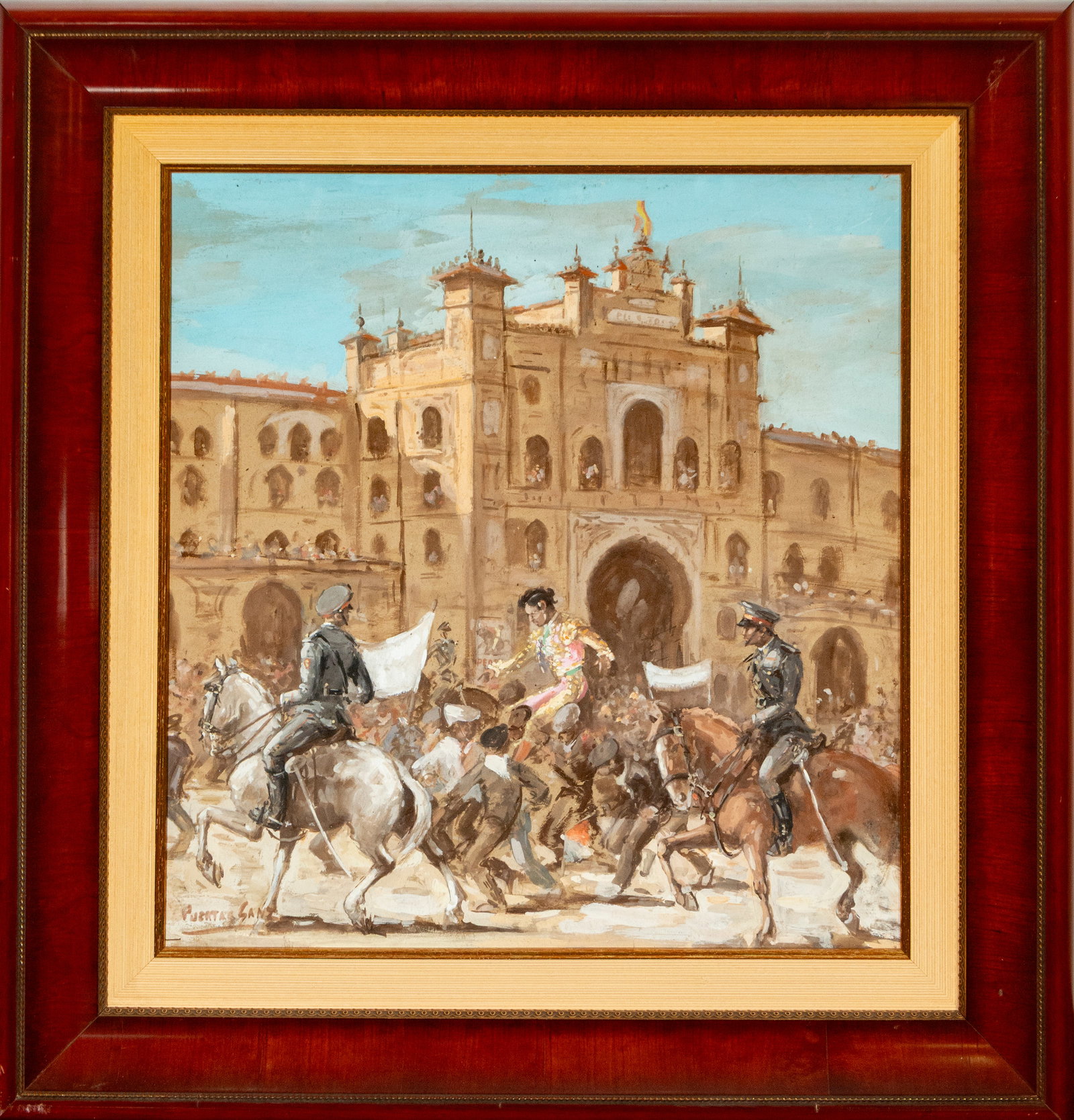 Bullfighting scene. Signed Puerta Sanz, Spanish School, 20th century: Oil on hardboard. Dimensions: 55 x 50 cm; 77 x 74 cm. A bullfighting scene in front of a monumental arena, with horsemen and a crowd surrounding the bullfighter, captured with quick, expressive brushs