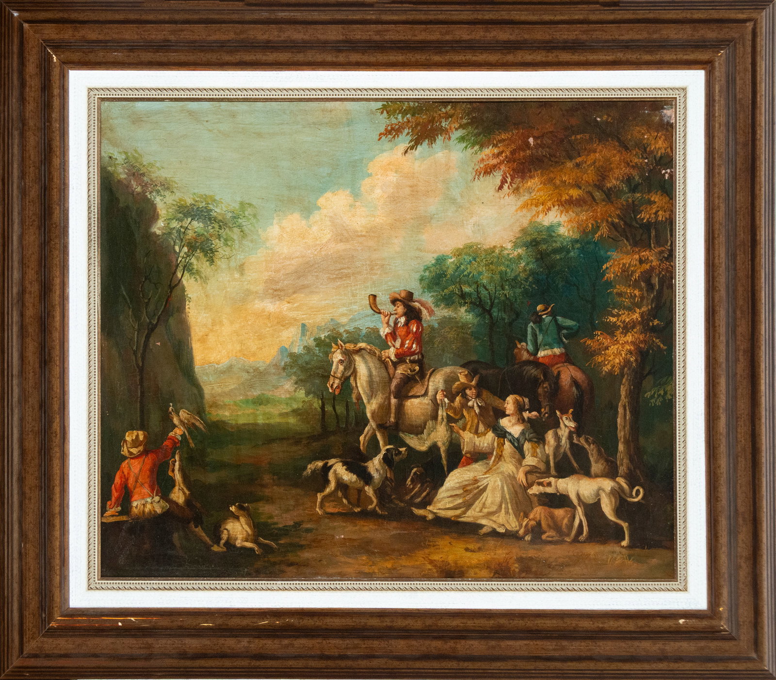 The Hunt, Signed Ferrand, European School, 19th-20th Century: Oil on canvas. Dimensions: 75 x 63 cm; 99 x 87 cm. Hunting scene with a group of hunters, dogs, and horses in a wooded landscape at dusk, arranged in an elegant, Romantic-inspired composition. The fig