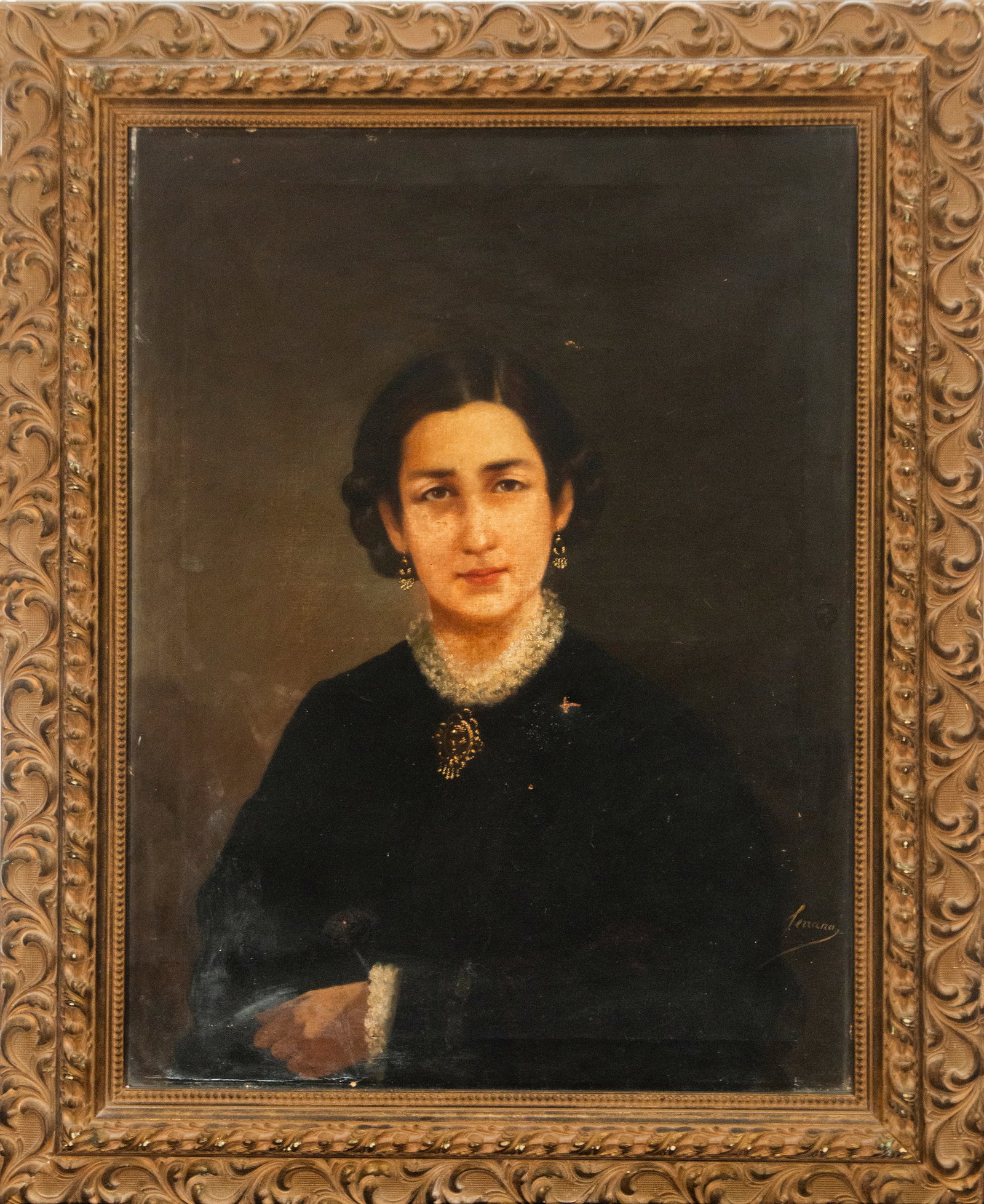 Portrait of a Lady, Signed Ferrand, European School, 20th Century: Oil on canvas. Dimensions: 83 x 61 cm; 103 x 84 cm. Half-length portrait of a woman in elegant black attire with delicate white lace, adorned with earrings and a brooch of 19th-century inspiration. Th