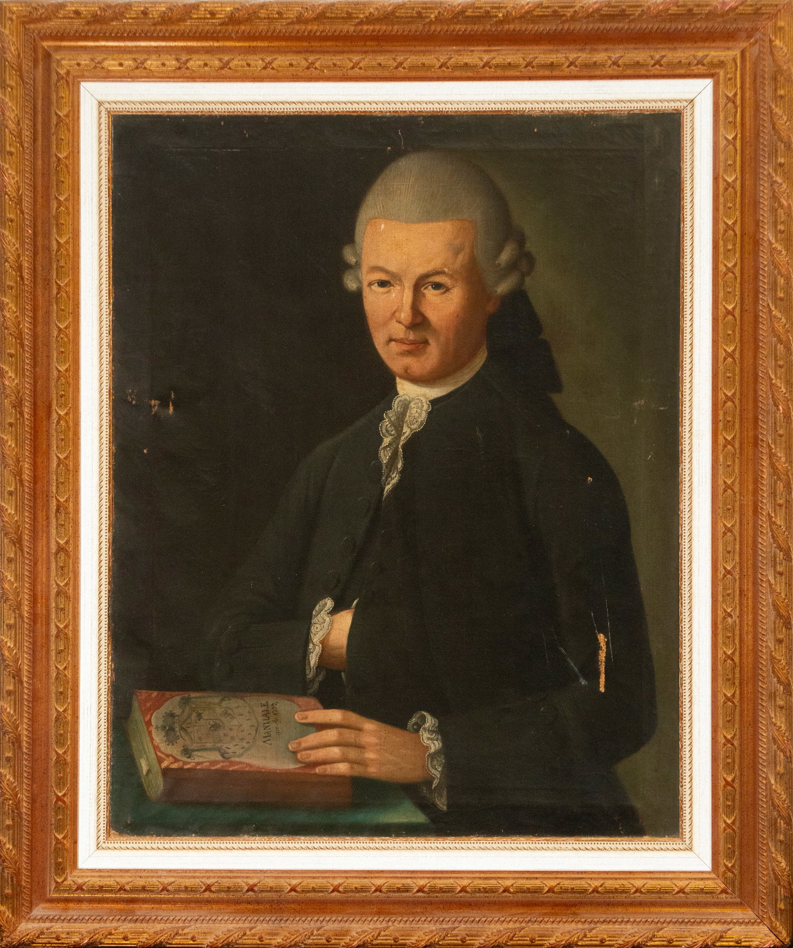 Male portrait, European School, 19th century: Oil on canvas. Dimensions: 86 x 67 cm; 110 x 91 cm. Half-length portrait of a man with a powdered wig, dark coat, and a book resting on a table, in a serene and distinguished pose. The composition is 
