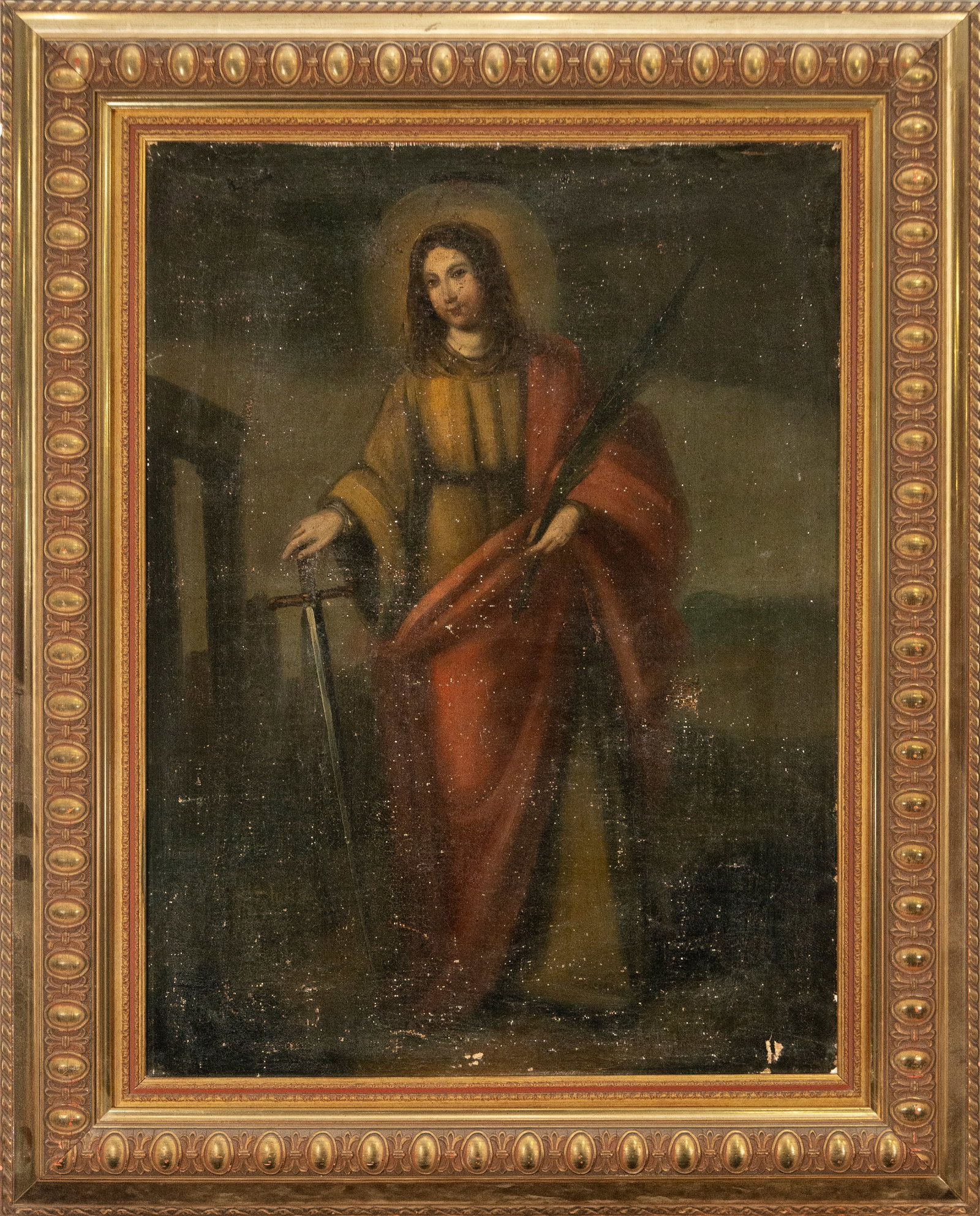 San Lorenzo, Spanish School, 19th Century: Oil on canvas. Dimensions: 81 x 60 cm; 106 x 86 cm. Devotional image of Saint Lawrence with a golden tunic, red cloak, martyr's palm, and gridiron as iconographic attributes. The figure appears agains