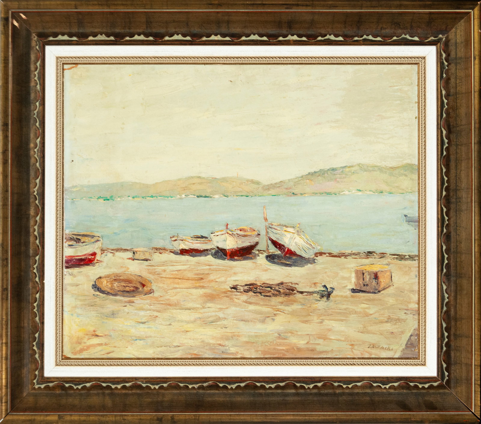 Marina de Zawacki, European School, 20th Century: Oil on panel. Dimensions: 74 x 62 cm; 96 x 84 cm. Seascape signed Zawacki with boats beached on the shore, coastal horizon, and a luminous atmosphere in light tones. The composition is built with loos