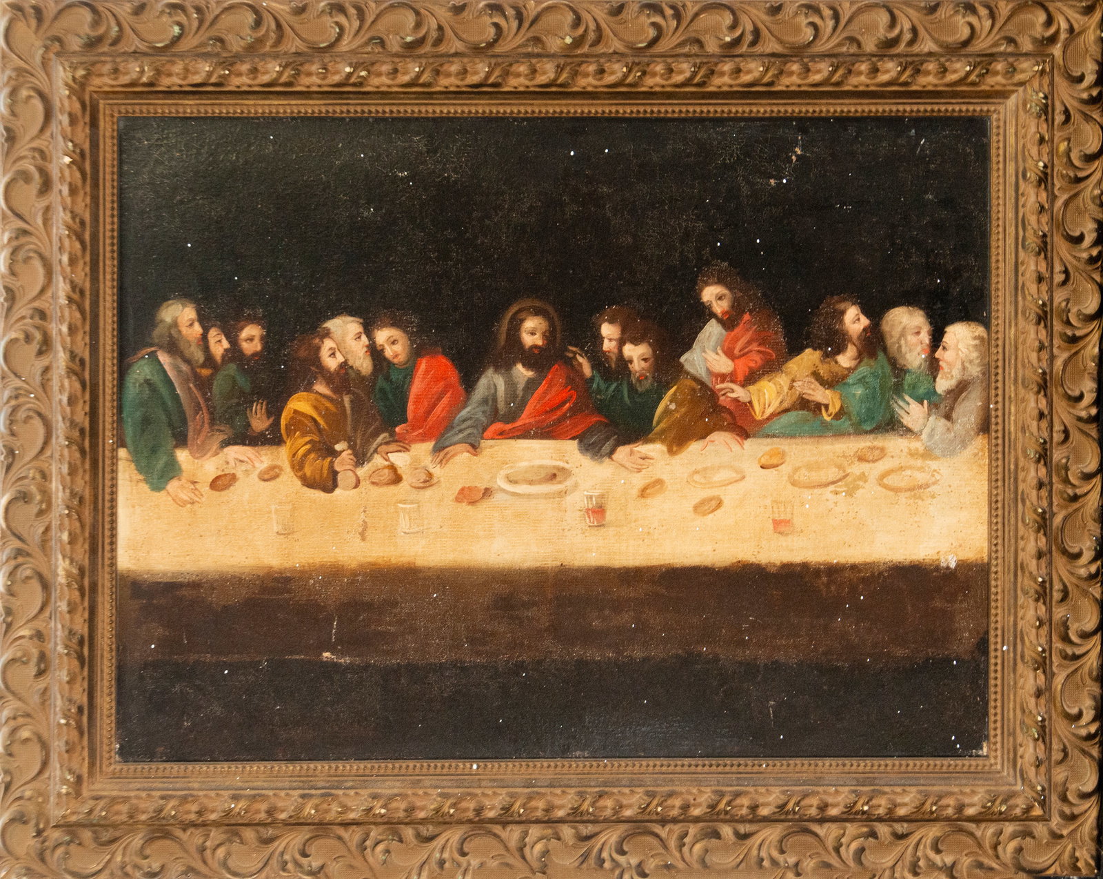 Last Supper, Spanish School, 19th Century: Oil on canvas. Dimensions: 80 x 60 cm; 101 x 81 cm. Religious scene of the Last Supper with Christ at the center of the table surrounded by the apostles, depicted in various poses of dialogue and spir