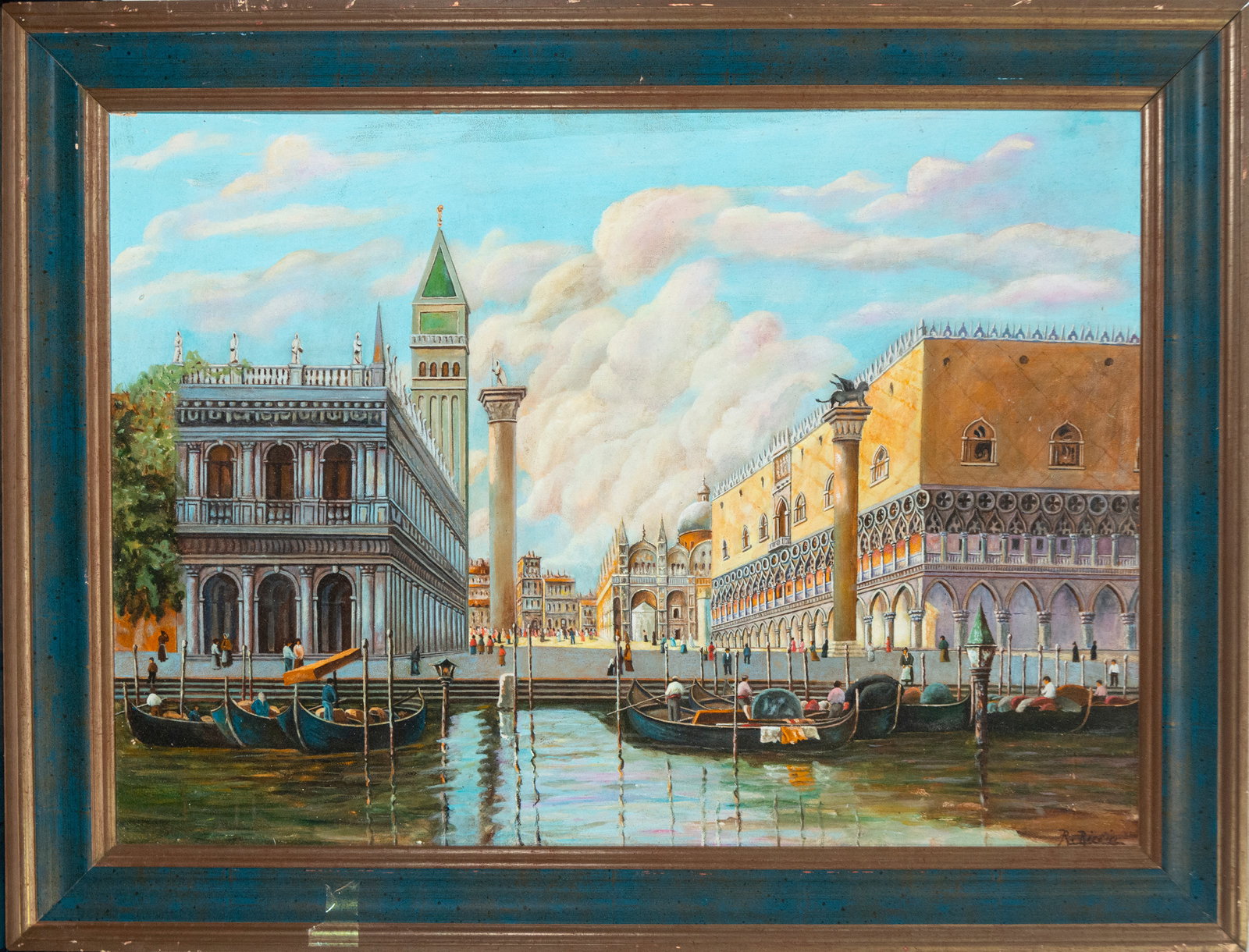 St. Mark's Square, Venice. Signed José Luis Ortega, Spanish School, 20th Century: Oil on panel. Dimensions: 71 x 51 cm; 84 x 64 cm. View of St. Mark's Square in Venice with gondolas lined up in the foreground and the monumental Venetian architecture stretching towards the horizon. 