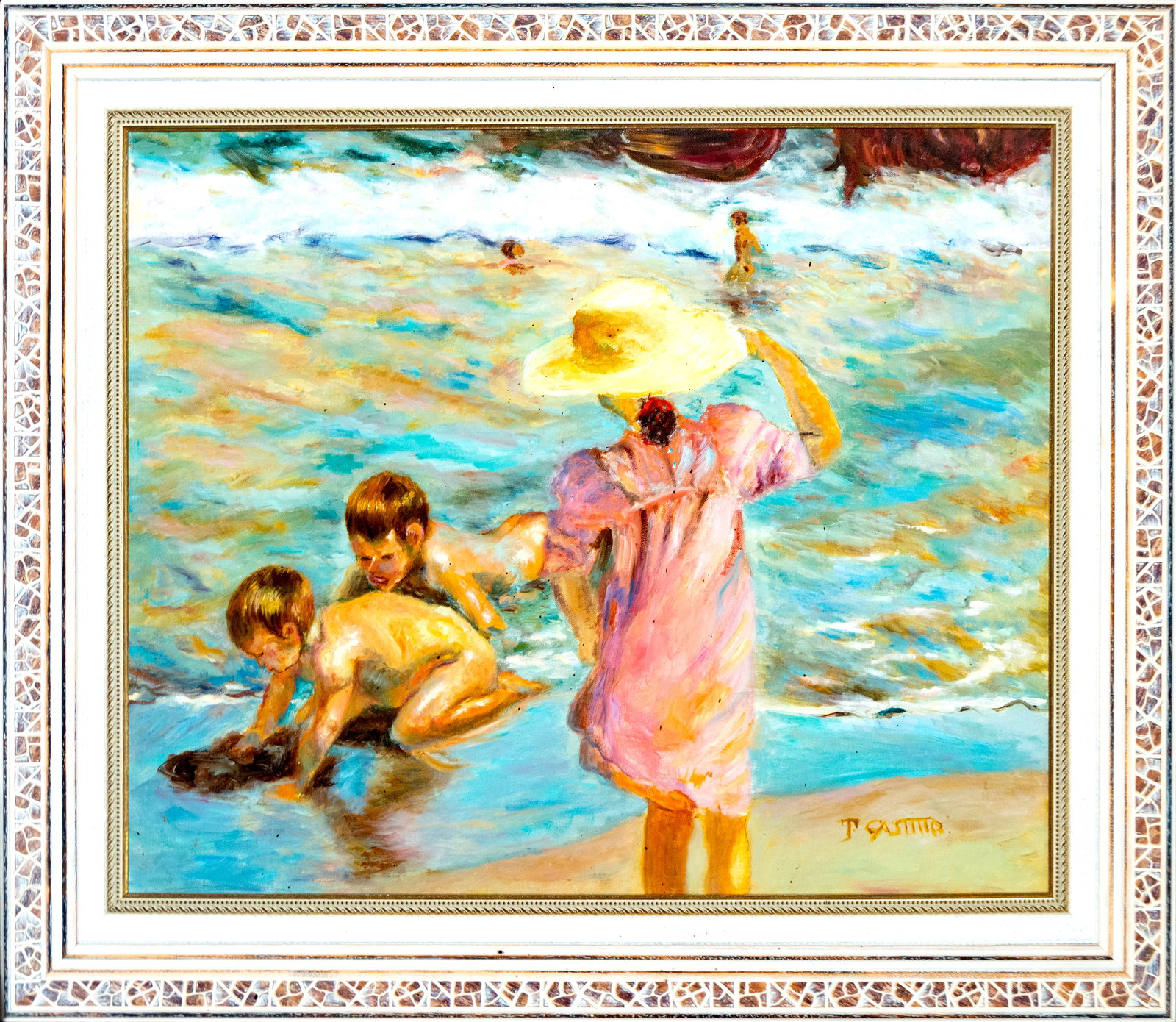 Beach scene. Signed T. Castillo, Spanish School, 20th century.: Oil on canvas. Dimensions: 73 x 60 cm; 91 x 78 cm. A coastal scene depicts children playing on the shore while a female figure holds a wide-brimmed hat, gazing at the sea breeze. The composition conve
