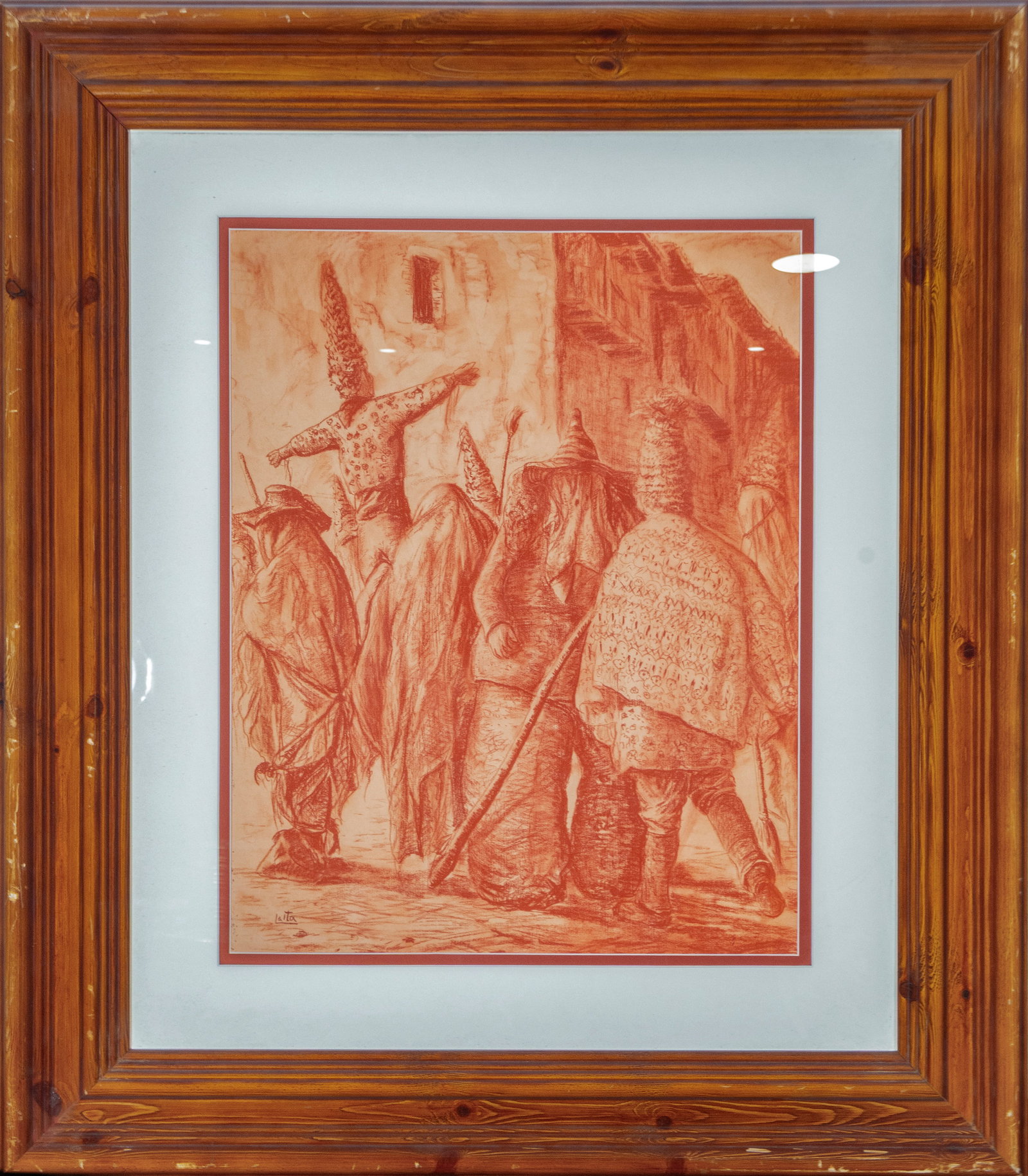 Carnivals Signed La Ita, Spanish School, 20th Century: Sanguine on paper. Dimensions: 64 x 47 cm; 100 x 87 cm. A carnival scene set in a busy street with several figures covered in tunics, hats, and festive elements moving among traditional-looking urban 