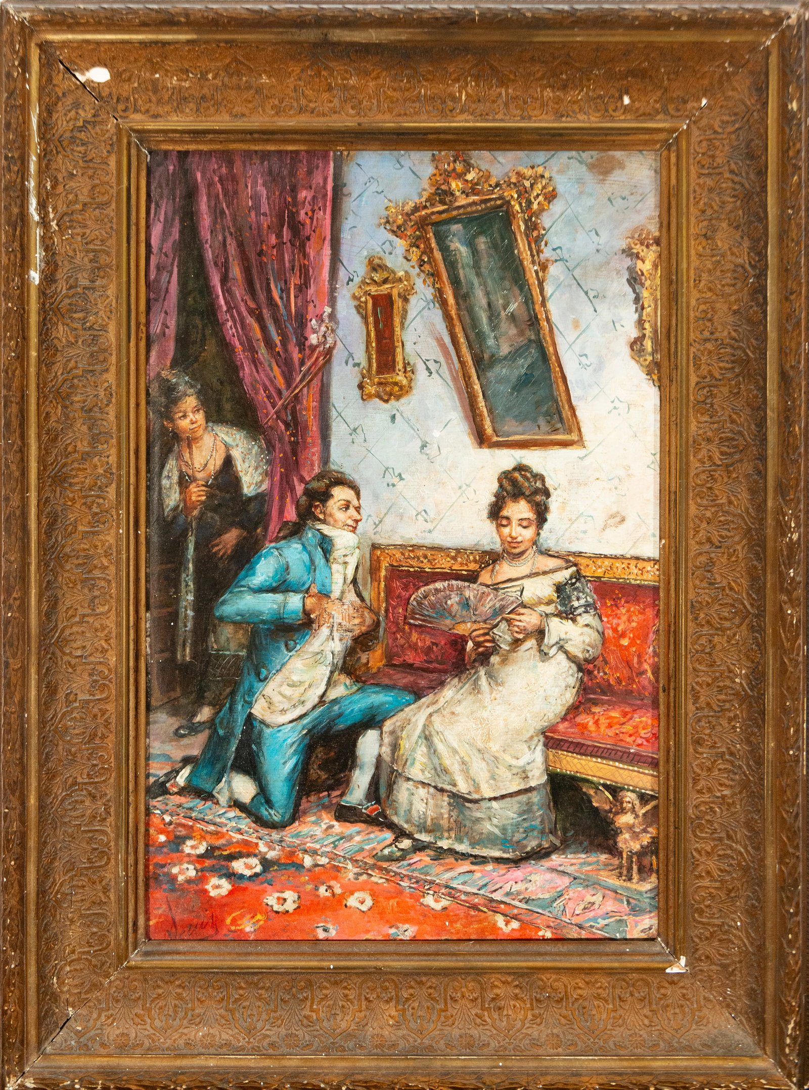 Gallant scene. Signed Denis, European School, 19th century: Oil on panel. Dimensions: 68 x 43 cm; 92 x 70 cm. An interior scene inspired by the elegant settings of the 18th century, featuring a gentleman kneeling before a seated lady holding a fan, while a thi