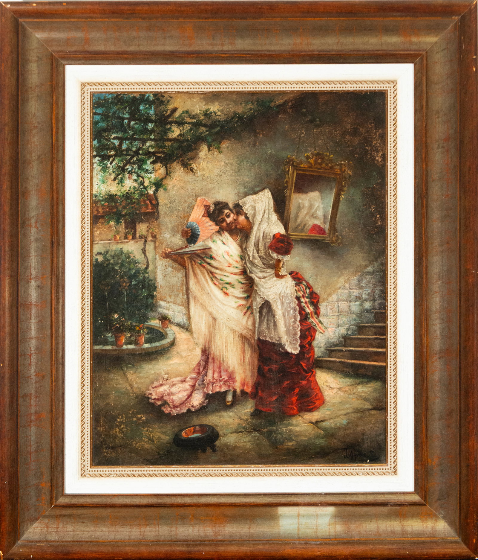 The Two Women, Signed Aguado Sierra, Spanish School, 19th Century: Oil on canvas. Dimensions: 54 x 43 cm; 74 x 62 cm. A genre scene inspired by Andalusia, featuring two women adorned with shawls and traditional dresses in an intimate and romantic interior courtyard. 