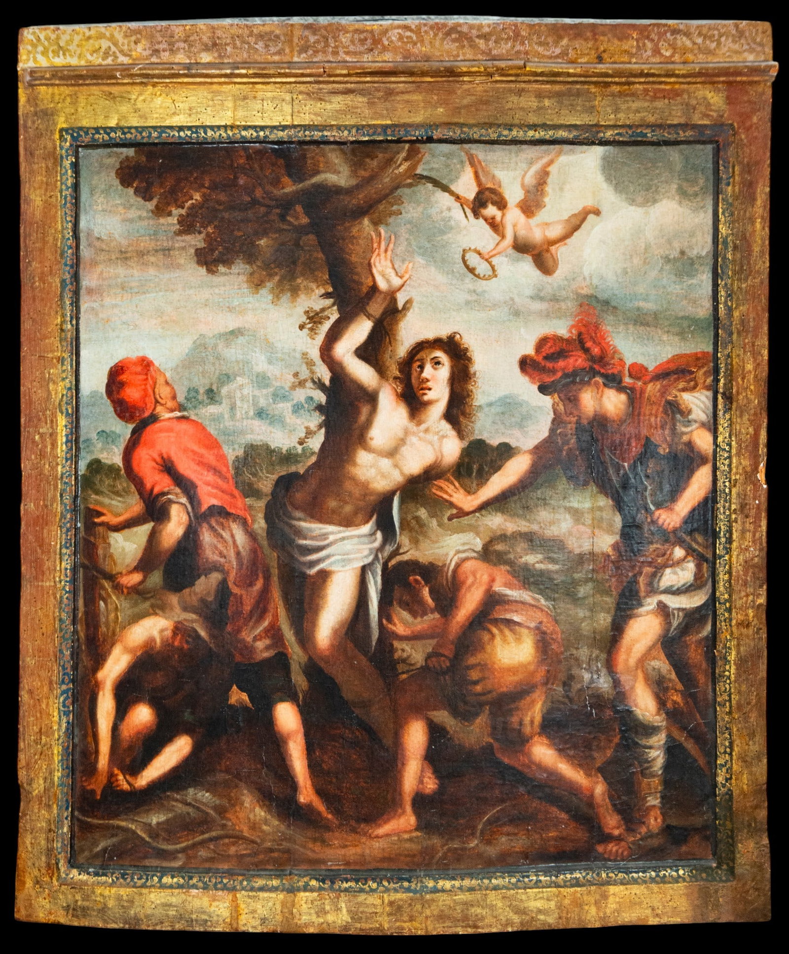 16th Century Italian Master - Saint Sebastian: Oil on panel. Dimensions: 68 x 62 cm; 82 x 61 cm. Religious scene dedicated to the martyrdom of Saint Sebastian, shown tied to a tree while several executioners carry out the punishment under the symb