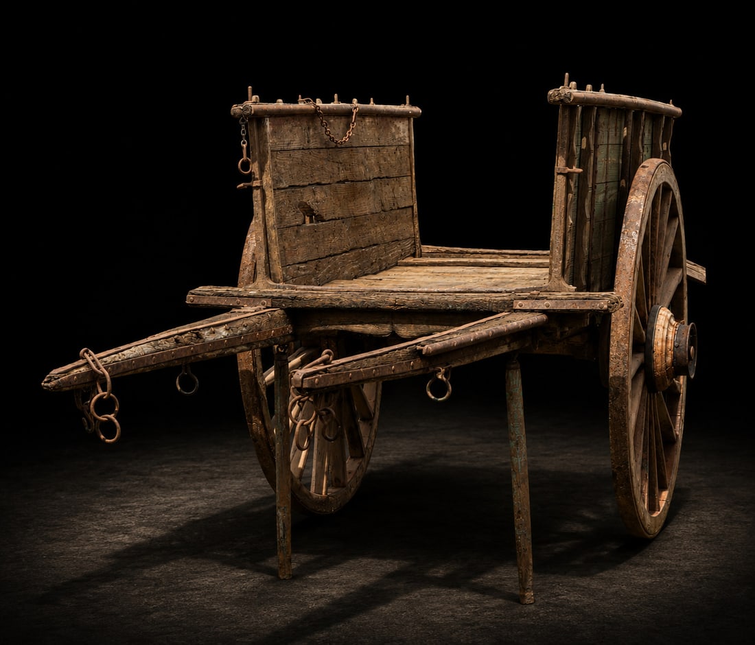 Antique farm cart, Castilian Popular School, 19th Century: Carved and assembled wood with wrought iron fittings. Dimensions not visible. Traditional horse-drawn cart consisting of a rectangular platform with raised side panels, large wooden spoked wheels rein