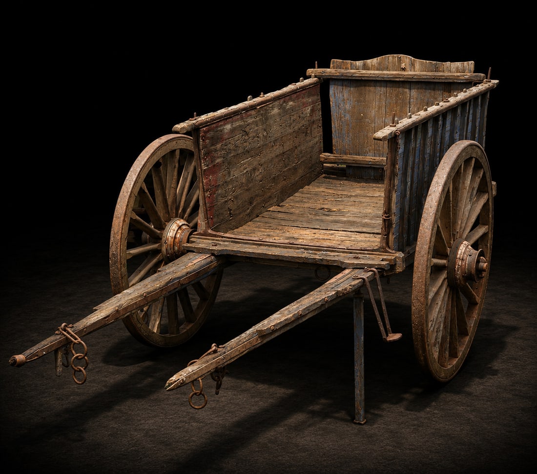 Antique Castilian farming cart, Spanish Popular School, 19th century: Carved and assembled wood with wrought iron fittings. A traditional agricultural cart designed for transporting goods and tools in rural settings, with an open rectangular frame and large spoked wheel