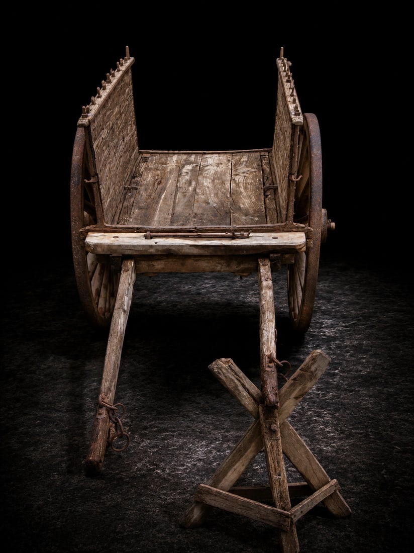 Agricultural cart, Spanish Popular School, 19th Century: Assembled wood and wrought iron. An antique rural transport cart with simple lines and a functional structure, made for agricultural work and transporting loads using animal traction. The piece featur