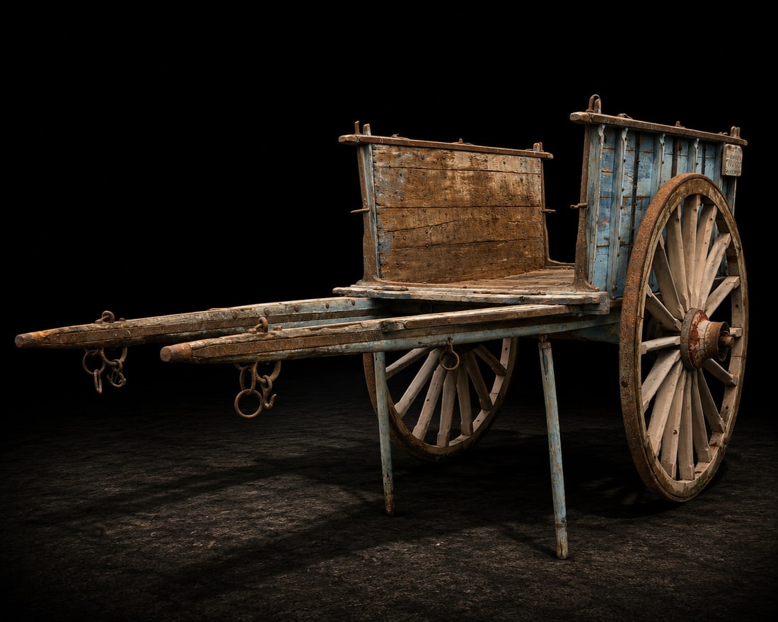 Traditional cargo cart, Spanish Popular School, 19th century: Wood assembled with wrought iron fittings. An antique cart used for transporting agricultural goods in rural areas, constructed with a sturdy, open rectangular frame, large spoked wheels, and an exten