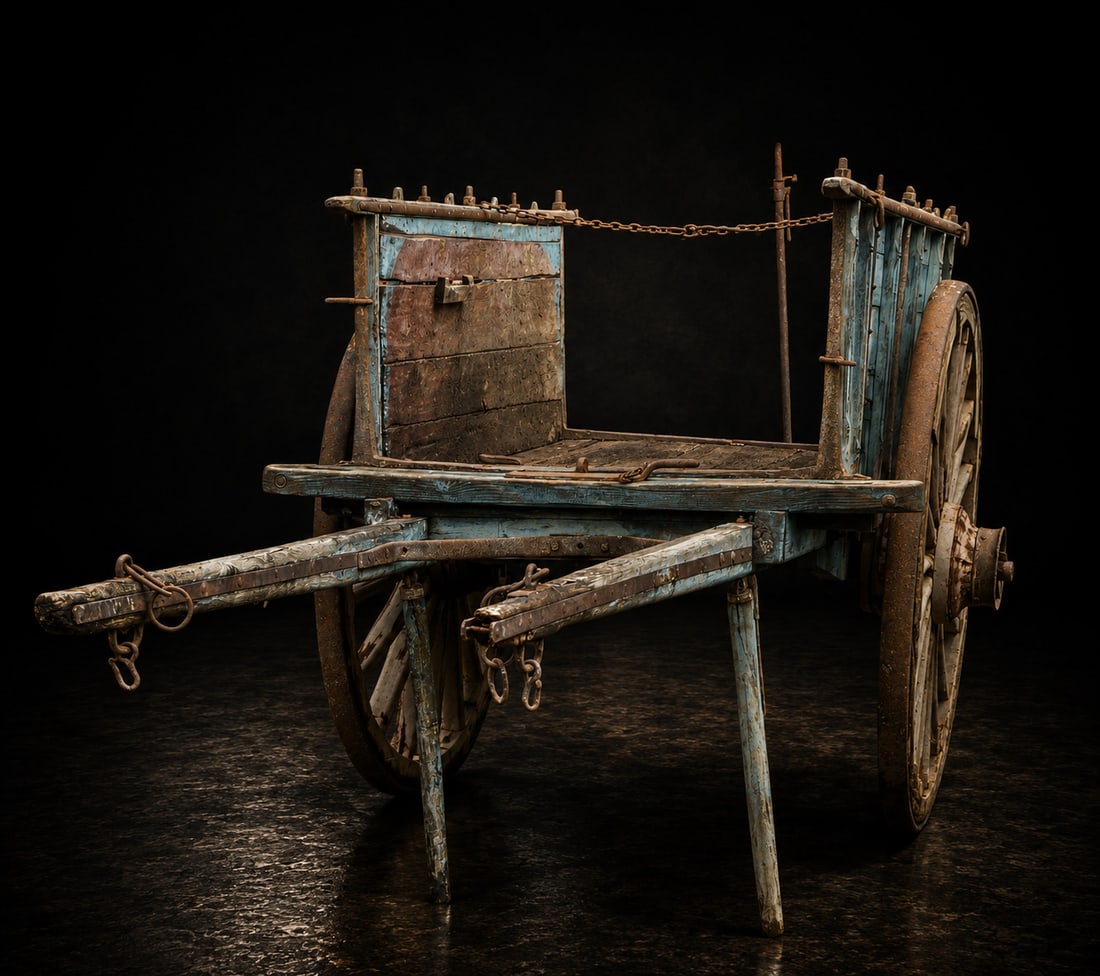 Rural transport cart, Spanish Popular School, 19th century: Wood assembled with wrought iron elements. An old draft cart used for agricultural transport and farm work, with an open structure, detachable sides, and spoked wheels reinforced with metal rims. The 