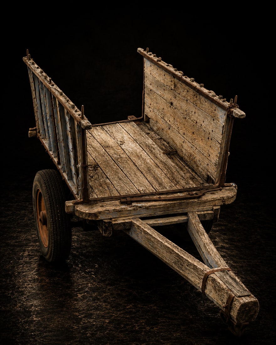 Castilian agricultural cart, Spanish Popular School, 19th century: Carved and assembled wood with wrought iron fittings. An antique rural transport cart, originally used for agricultural work and pulled by animals, with an open structure and a rectangular platform su