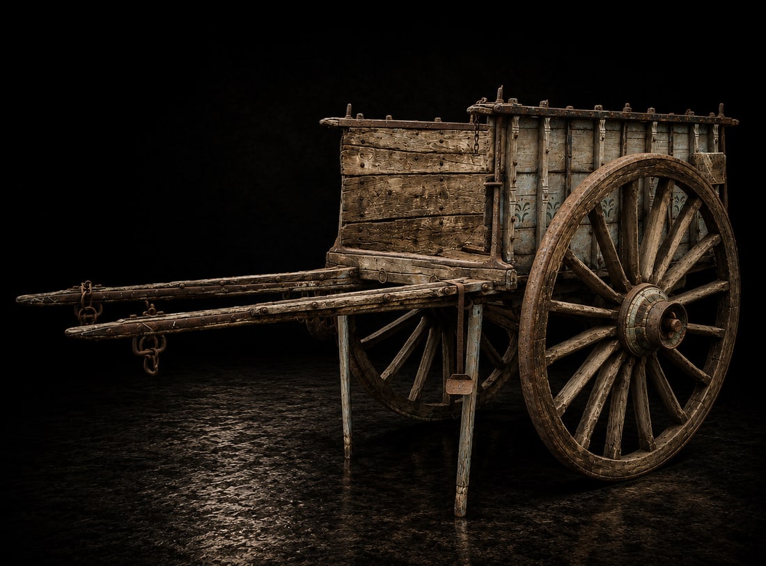 Rural cart with barred sides, Spanish Popular School, 19th Century: Carved and assembled wood with wrought iron elements. An antique agricultural cart with an open frame, designed for animal-drawn transport, consisting of a rectangular platform, front rails, and large