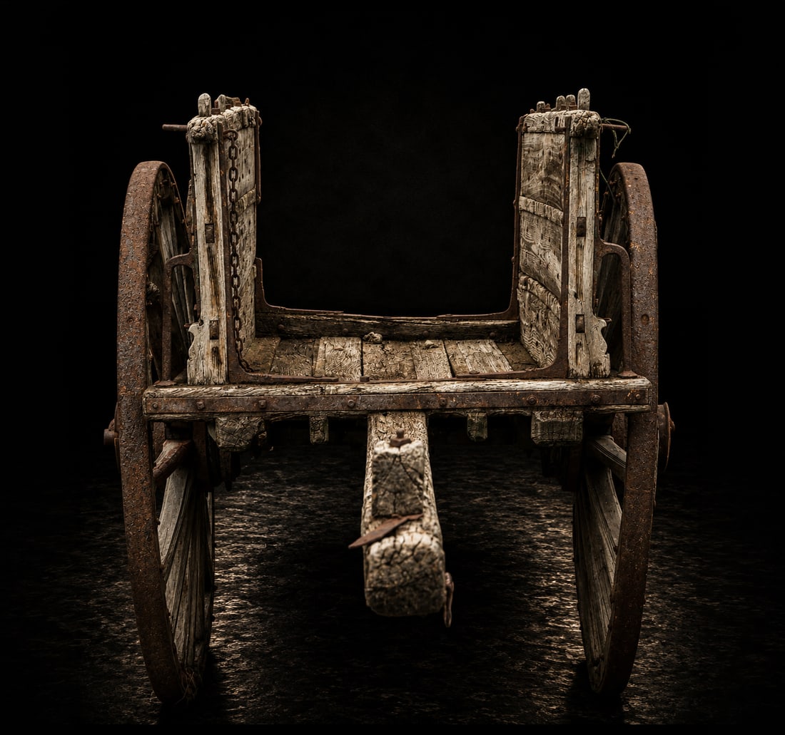 Agricultural cart with reinforced structure, Spanish Popular School, 19th Century: Carved and assembled wood with wrought iron fittings. An antique cart designed for agricultural transport and rural cargo, constructed with a robust, open rectangular frame supported by large spoked w