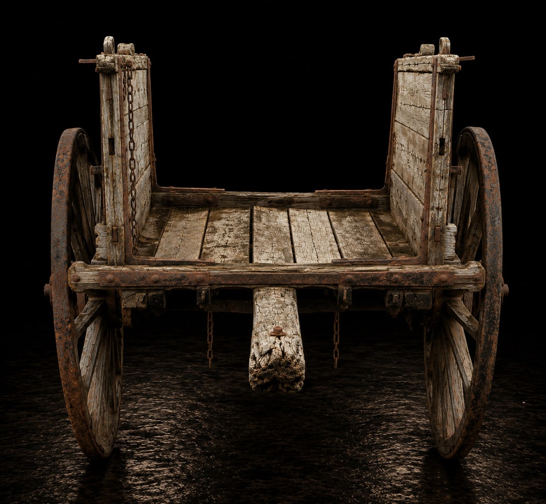 Rural freight cart, Spanish Popular School, 19th century: Assembled wood and wrought iron. An antique agricultural cart used for transporting goods and implements by animal traction, with an open structure of austere lines and large spoked wheels reinforced 