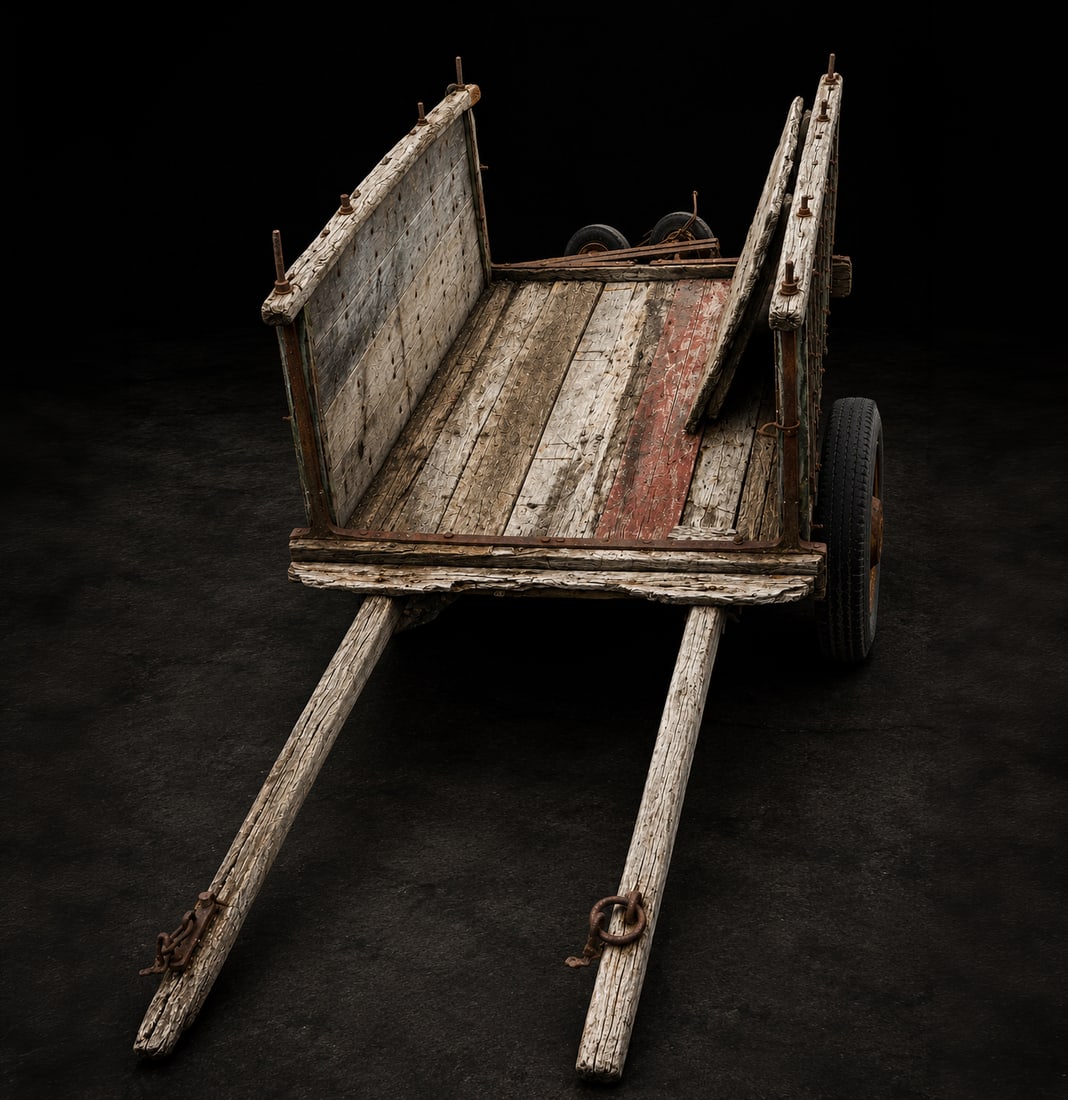 Traditional Castilian cart, Spanish Popular School, 19th century: Carved and assembled wood with wrought iron fittings. An antique farm cart, designed for agricultural transport by animal traction, with an open rectangular frame and large spoked wheels reinforced by