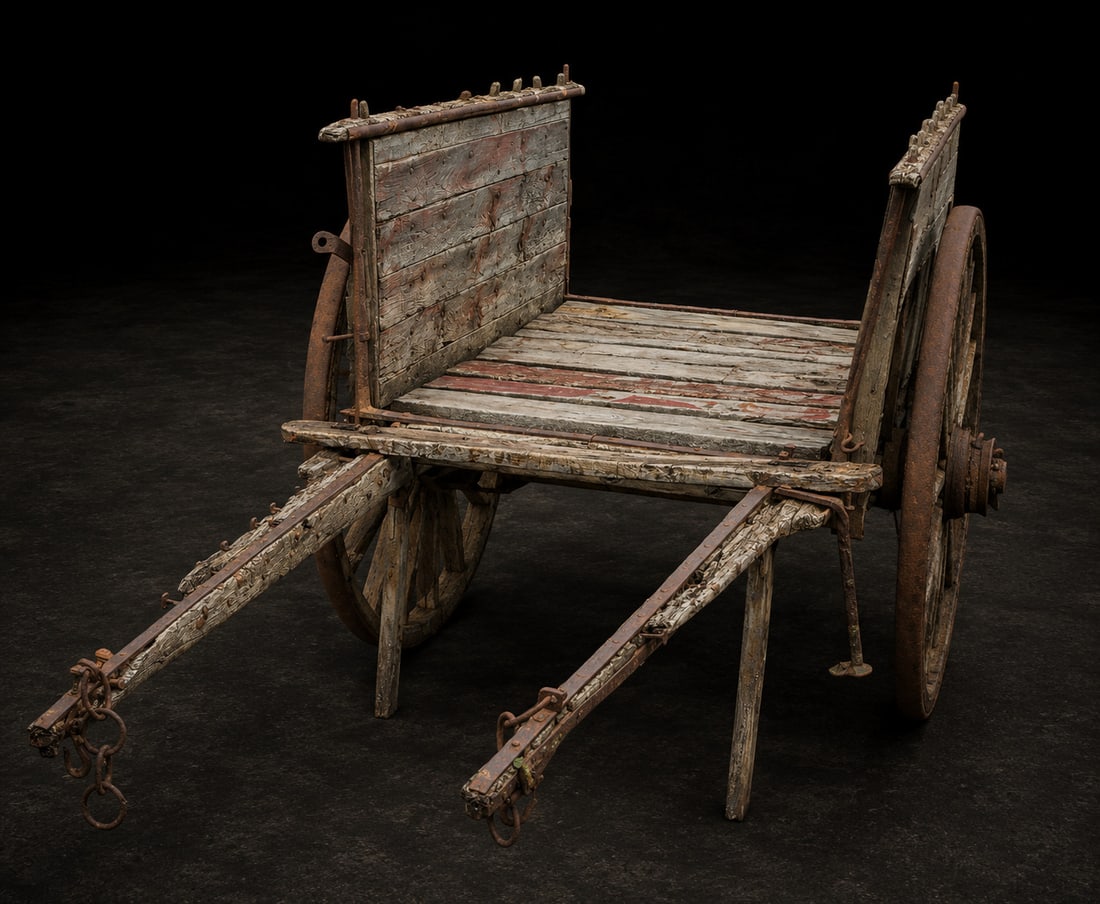 Animal-drawn agricultural cart, Spanish Popular School, 19th century: Wood assembled with wrought iron. An antique rural cart designed for transporting goods and agricultural implements, built with a sturdy open rectangular platform supported by large spoked wheels. The