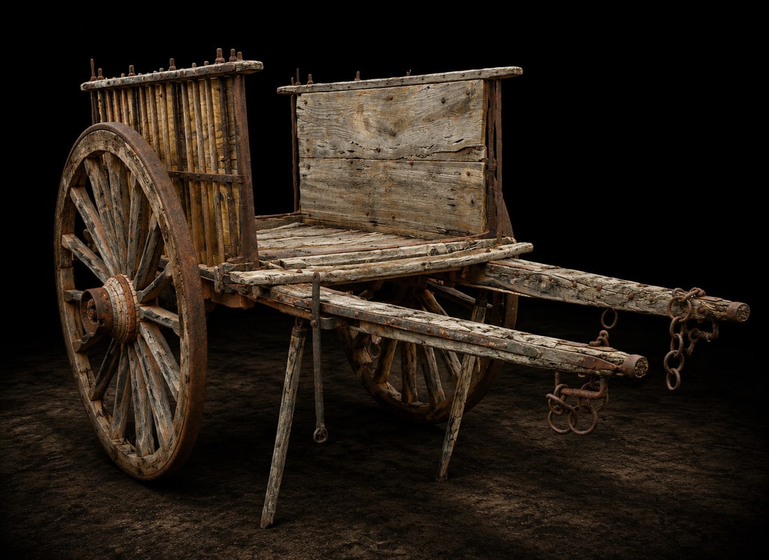 Traditional rural cart with barred sides, Spanish Popular School, 19th Century: Carved and assembled wood with wrought iron fittings. An antique agricultural cart, originally built for rural work using animal traction, with an open rectangular frame and sides formed by vertical b