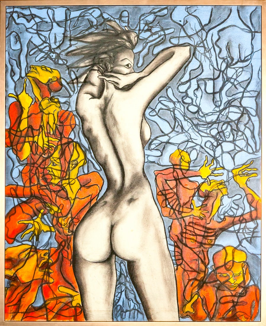 Surrealist female nude, Contemporary Cuban School, 20th Century: Oil on canvas. Dimensions: 99 x 79 cm; 102 x 84 cm with frame. A surrealist and expressionist composition centered on the figure of a female nude, seen from behind, positioned vertically along the cen