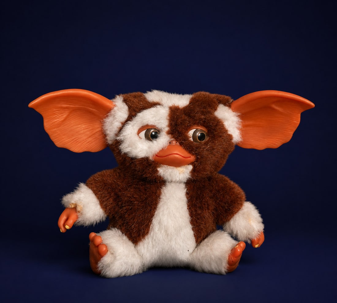 Gremlins Gizmo toy, late 20th century: Synthetic material and fabric. Articulated figure of the character Gizmo from the movie Gremlins, with two-tone synthetic fur and large, characteristic ears. Vintage collectible in working order. Meas