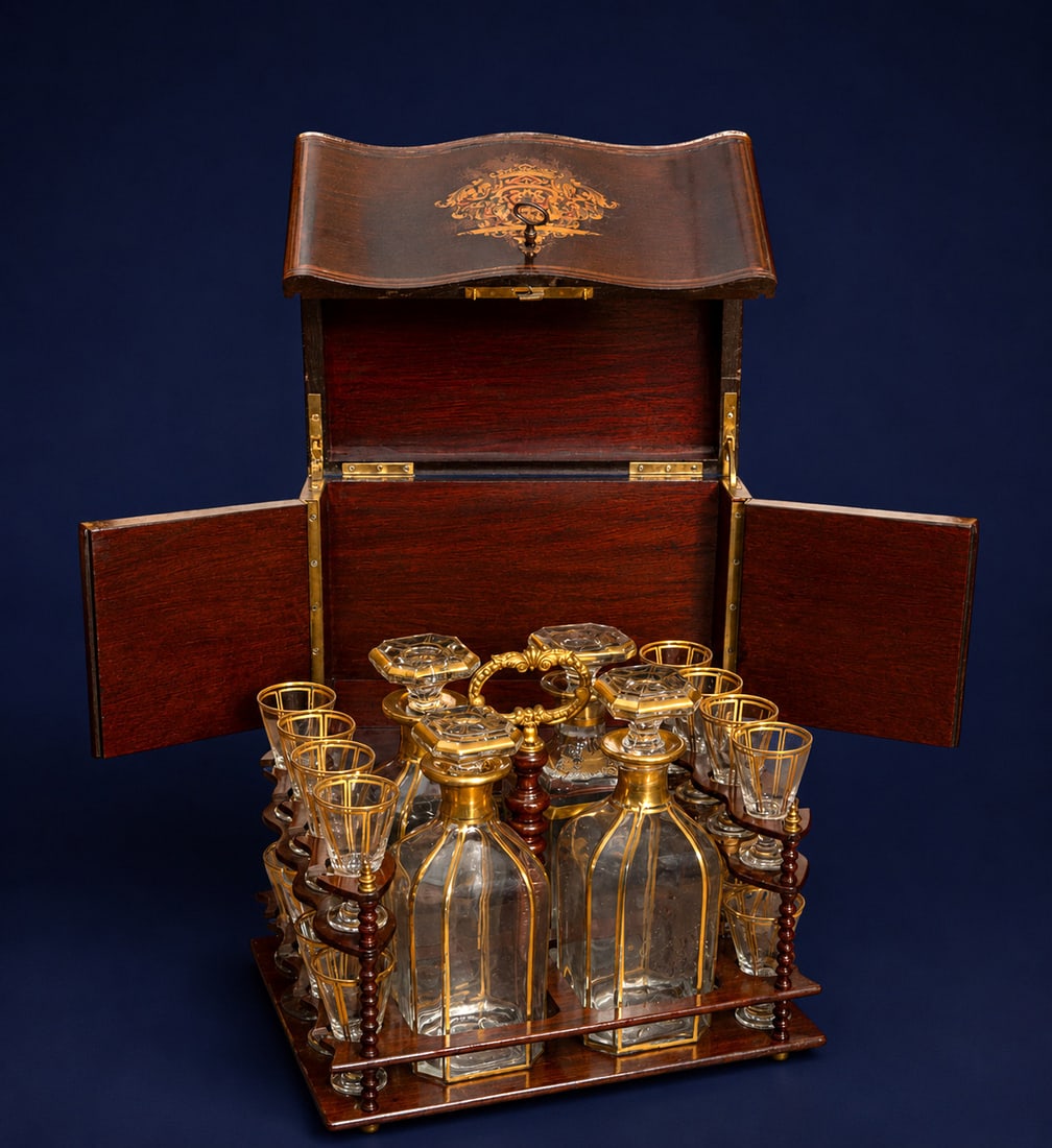French Baccarat crystal decanter, 19th century: Cut crystal and wood with gilt metal accents. French decanter consisting of four bottles and twelve glasses on a wooden stand with a hinged lid and decorative inlays. The quality of the crystal and th
