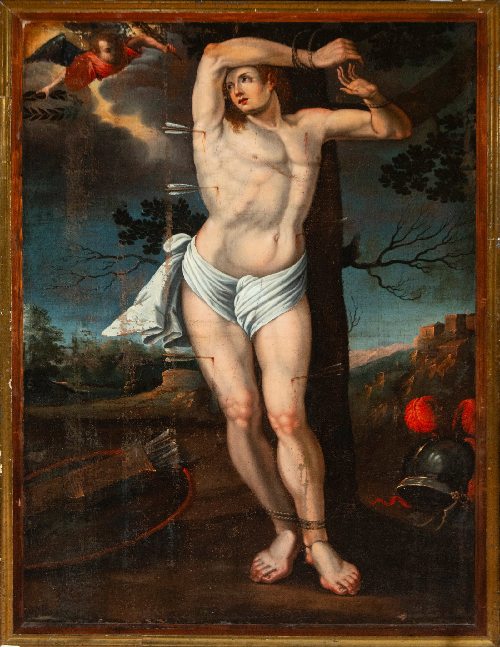 BALTASAR DE ECHAVE IB?A (Mexican, 1585-1643) - Exceptional San Sebastián: Oil on canvas. Mexican Colonial School. Depiction of Saint Sebastian tied to a tree and pierced by arrows, with idealized anatomy and a background landscape influenced by the Italian Renaissance. The 