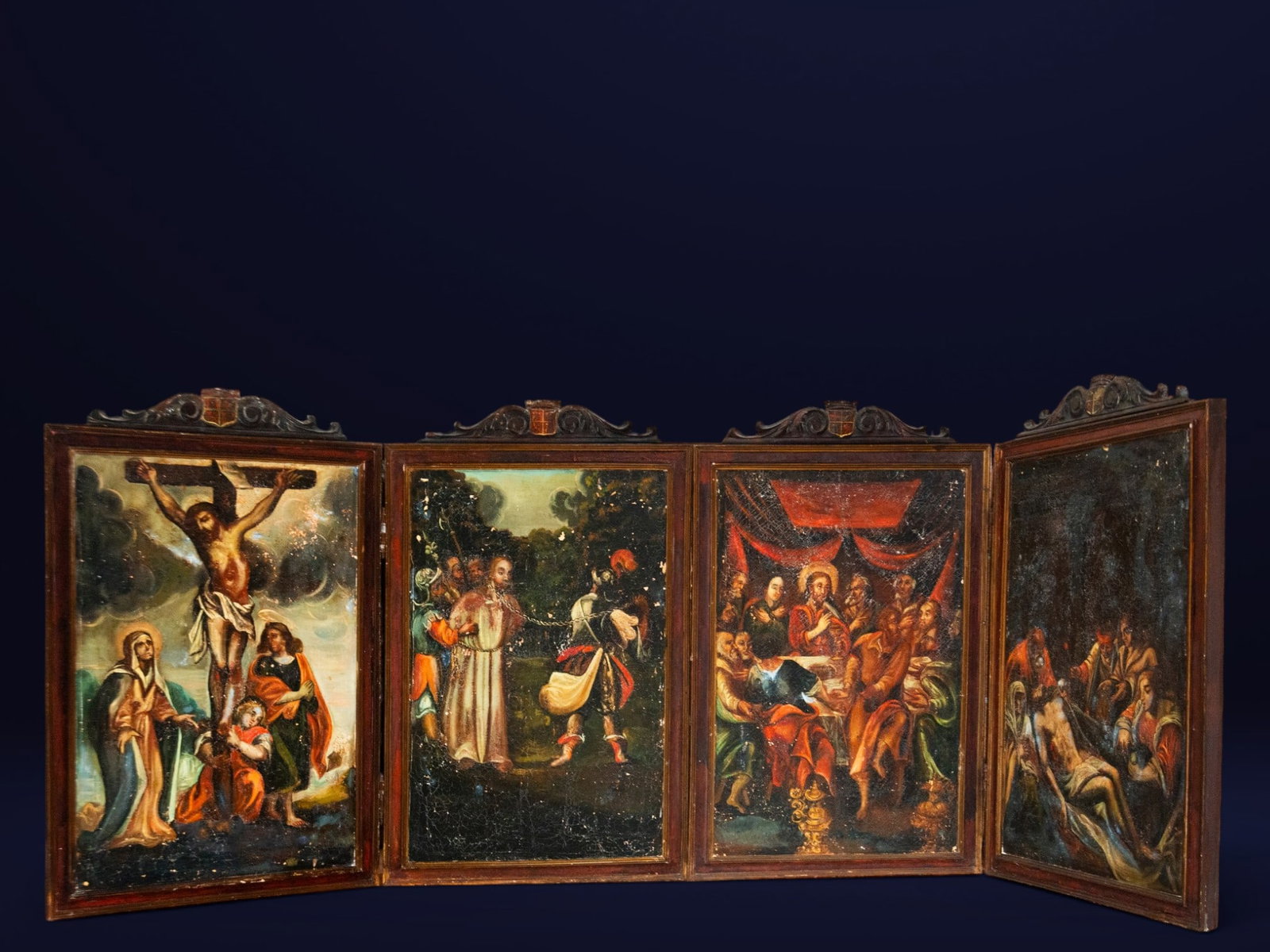 Triptych of religious scenes, Mexican school, late 18th century: Oil on panel arranged as a triptych with six devotional religious scenes. The compositions depict episodes from the Passion of Christ and other sacred scenes executed with vibrant color and a distinct