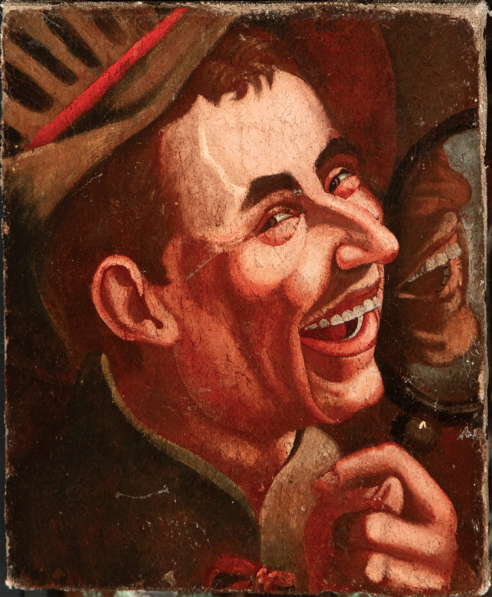 Niccolò Frangipane, Italian school, 17th century: Oil on canvas. Caricatured half-bust portrait with intense facial expressiveness, where the smiling figure gazes directly at the viewer in a composition with a distinctly popular and theatrical charac