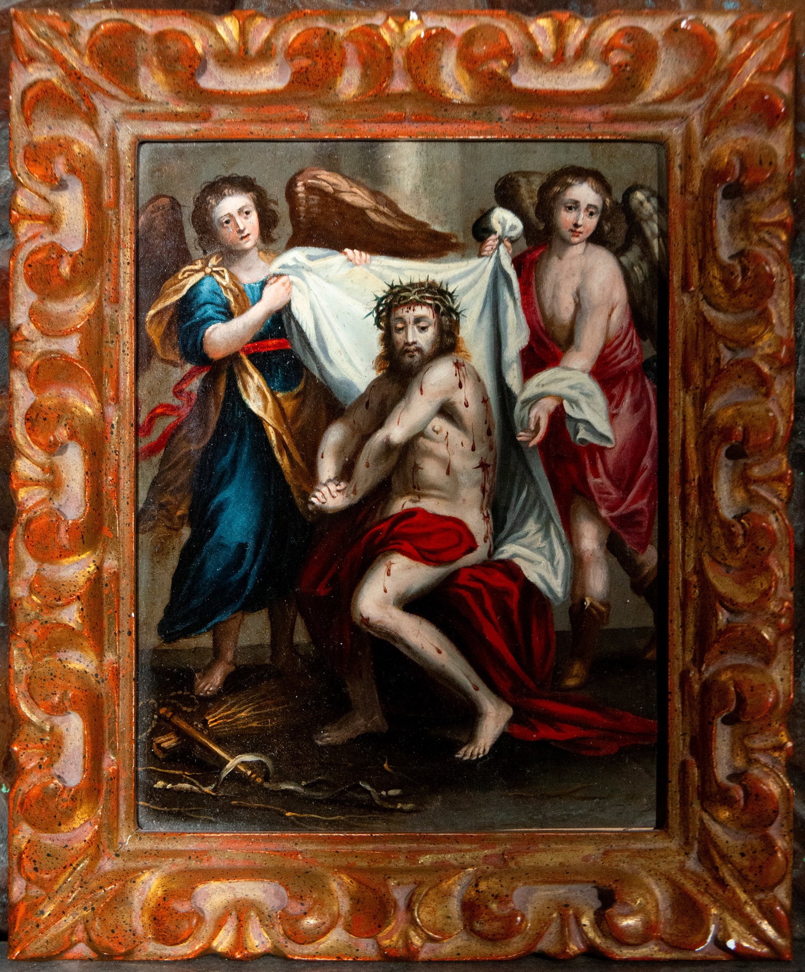 Christ aided by angels, Italian Baroque school, 17th century: Oil on copper. Measurements: 22 x 16 cm; 30 x 23 cm.