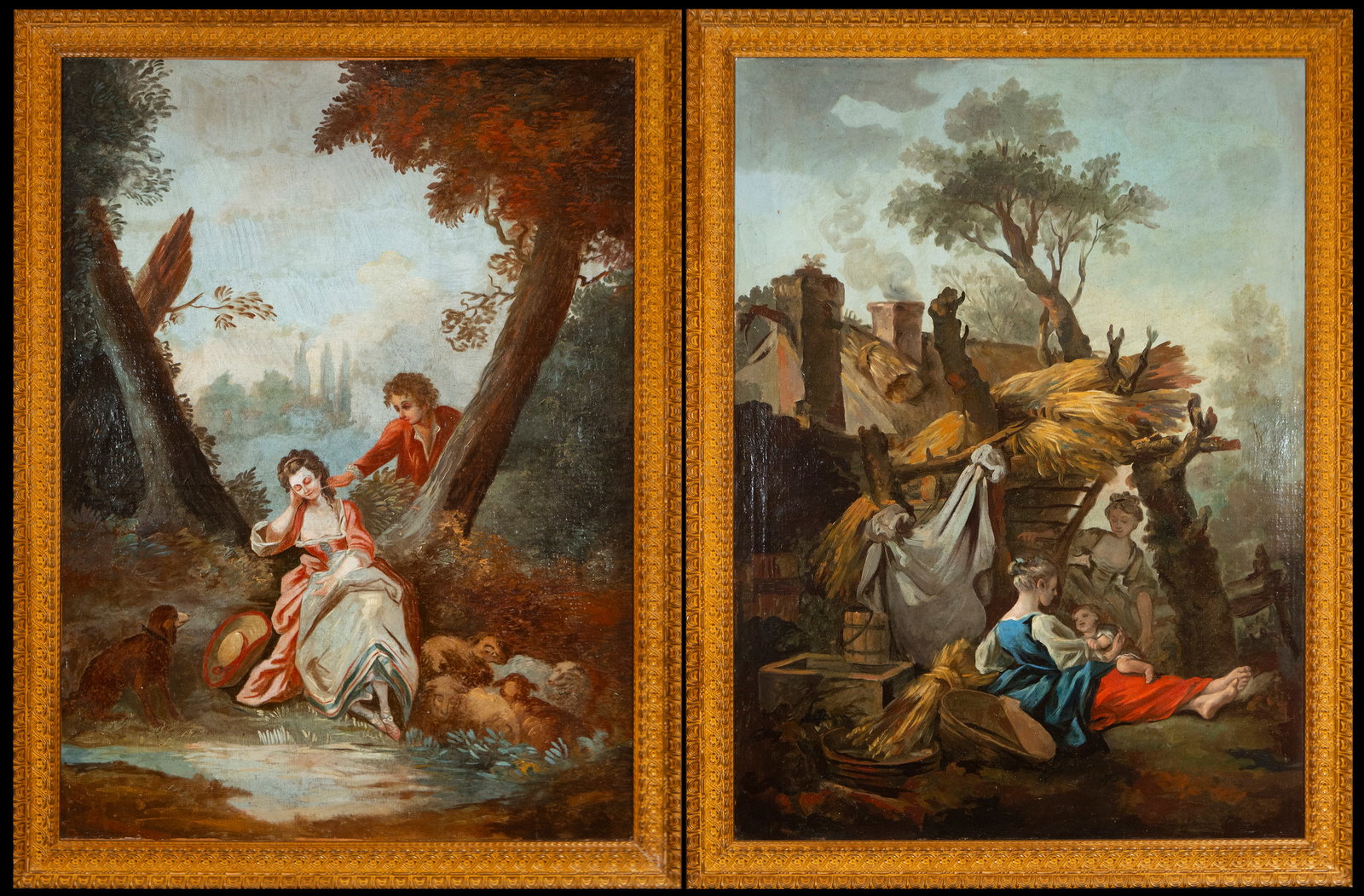 Fragonnard Circle, JEAN-HONORÉ, pair of French gallant scenes: 18th century - Measurements: 111 cm x 81 cm; 125cm x 95cm.