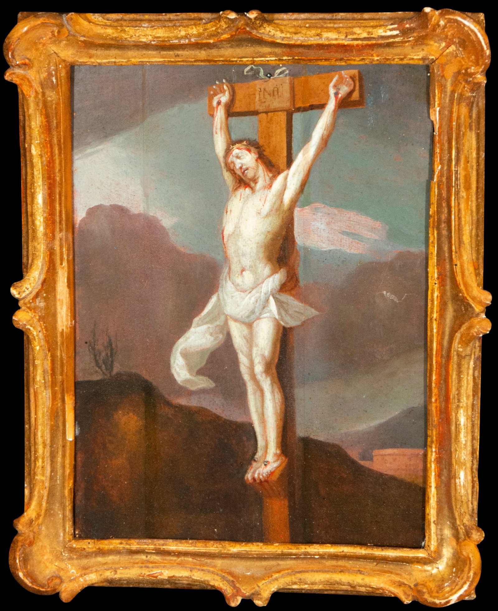 Flemish Christ on panel, 17th century: Measurements: 31cm x 22cm; 38cm x 30cm.